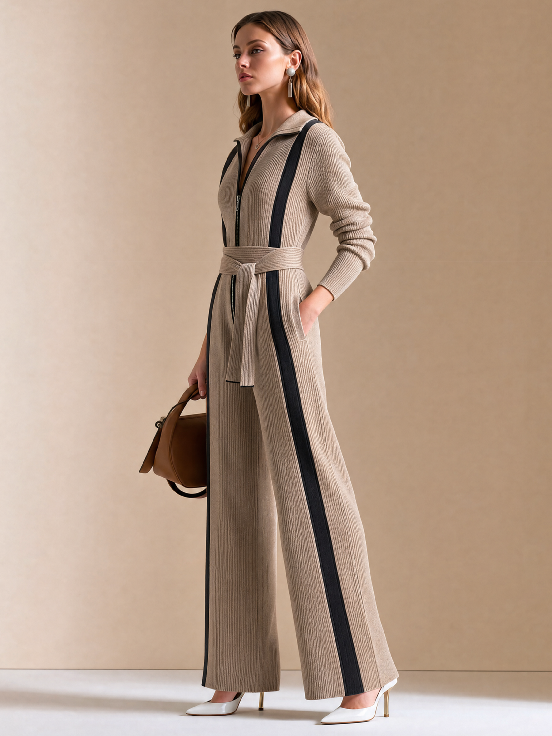 Elegant Taupe Grey Knit Jumpsuit With Black Contrast Piping Detail