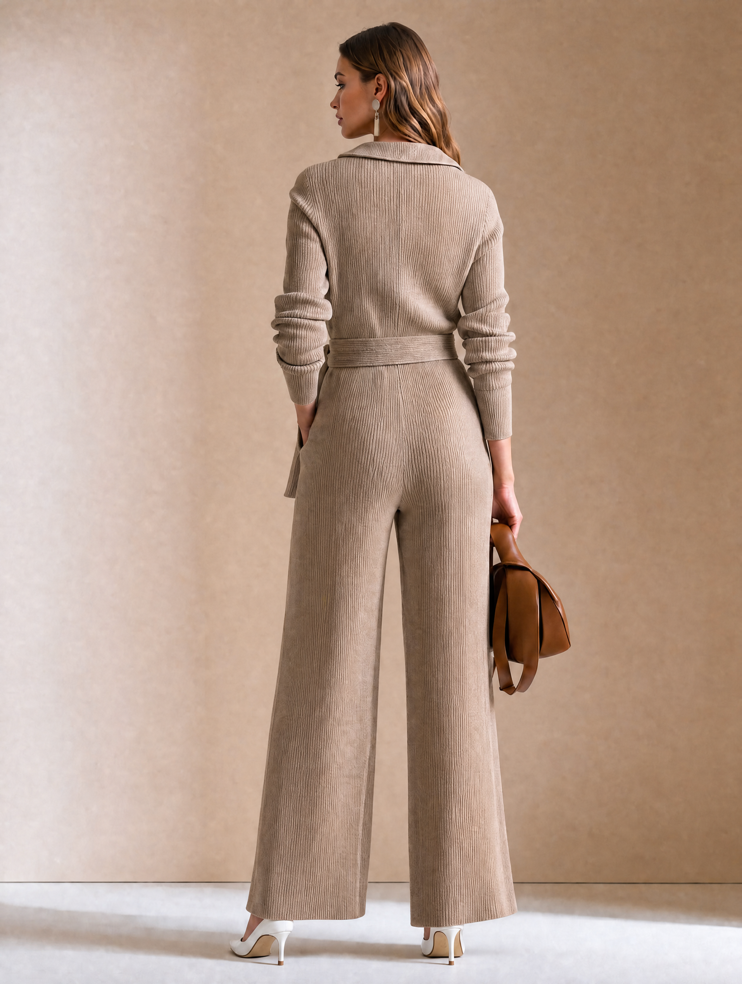 Elegant Taupe Grey Knit Jumpsuit With Black Contrast Piping Detail