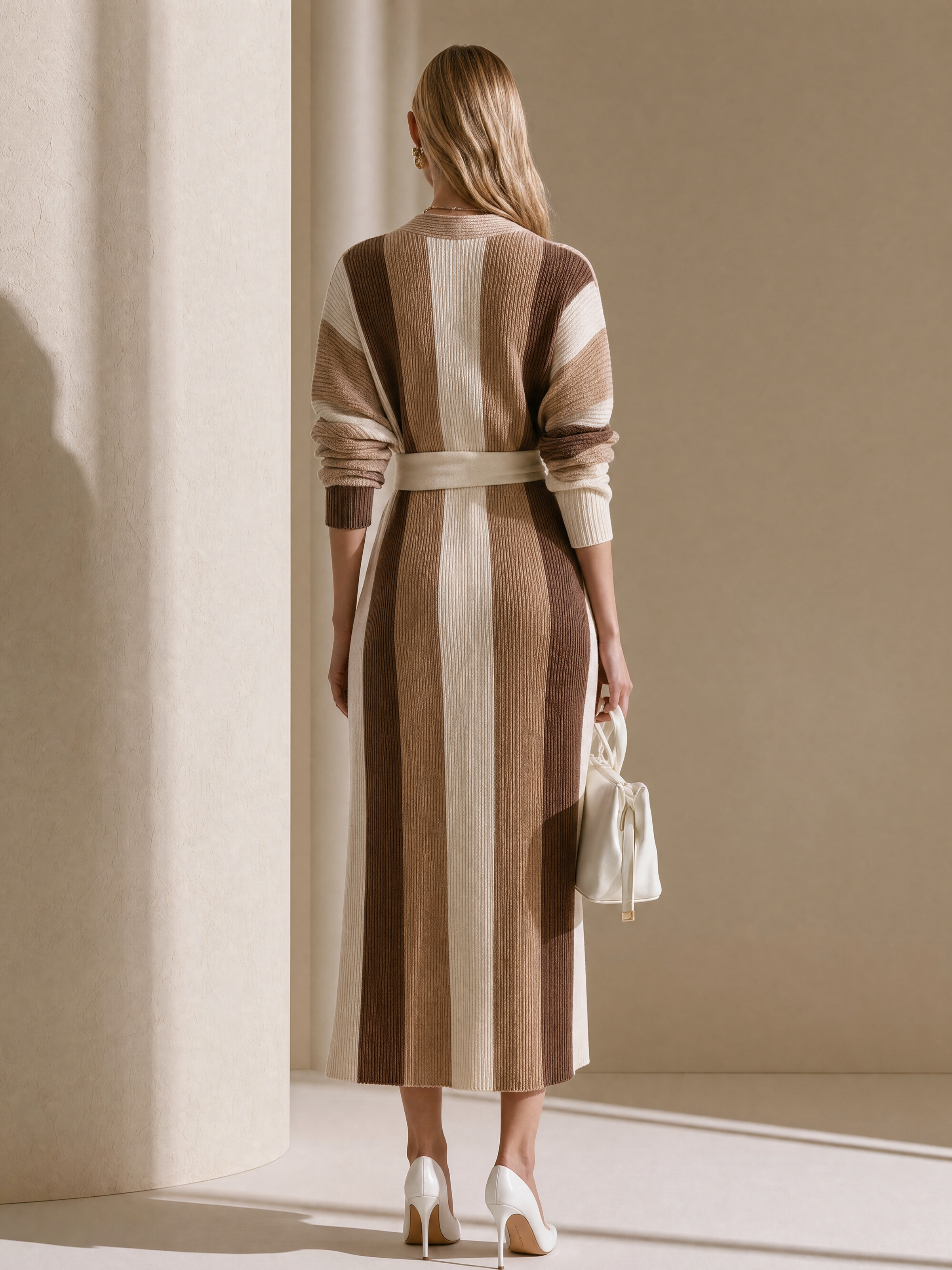 Elegant Light Brown & Brown Contrast Stripe Ribbed Knit Midi Dress