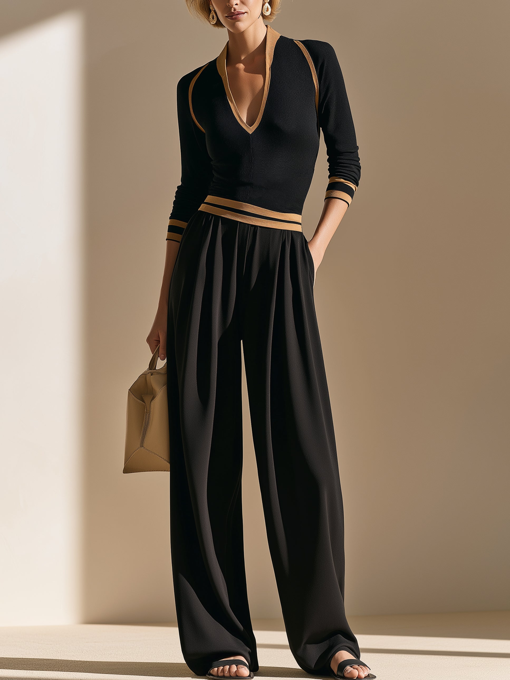 Contrast‑Trim Knit Top & Wide‑Leg Trousers Set