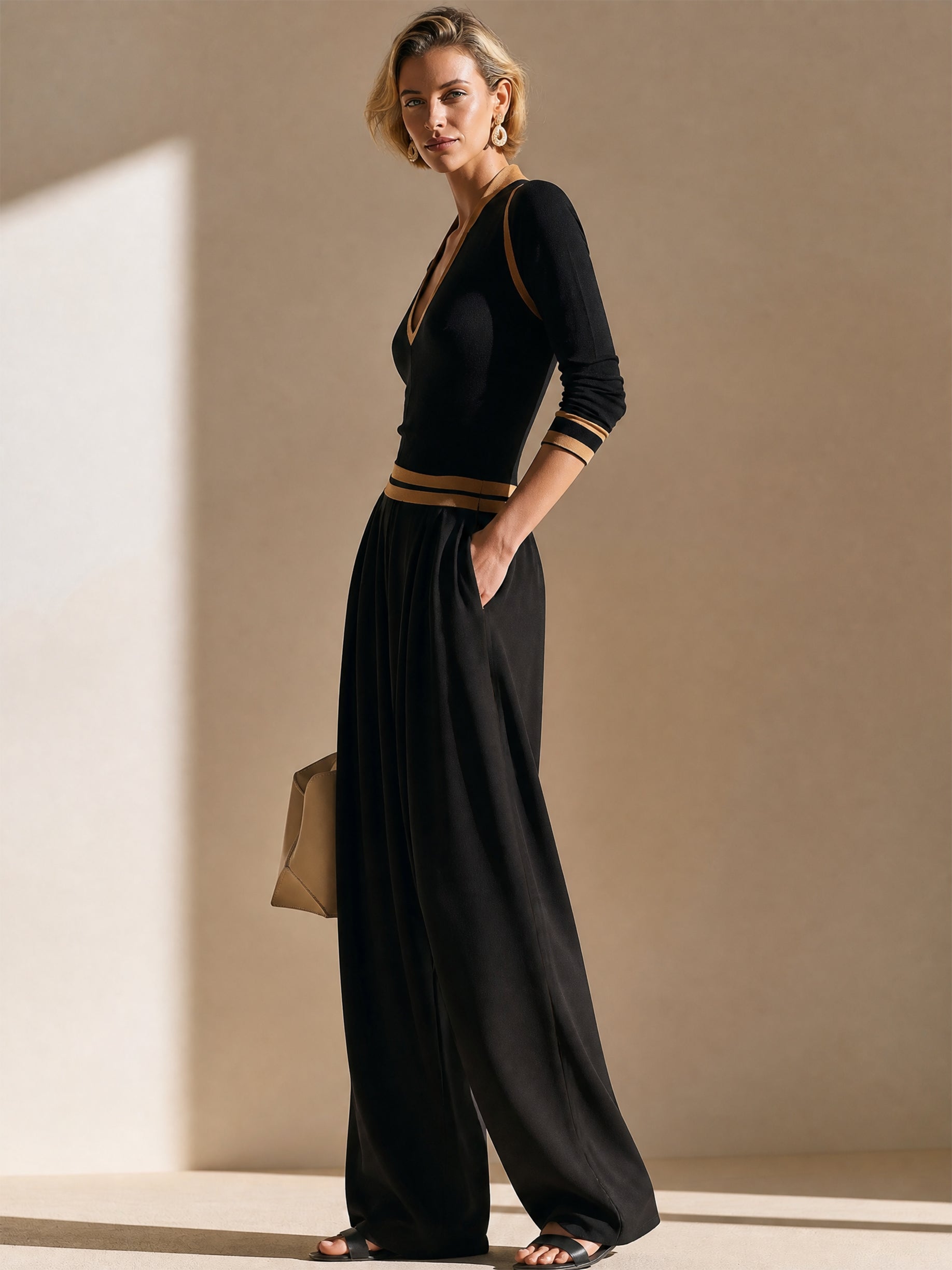 Contrast‑Trim Knit Top & Wide‑Leg Trousers Set