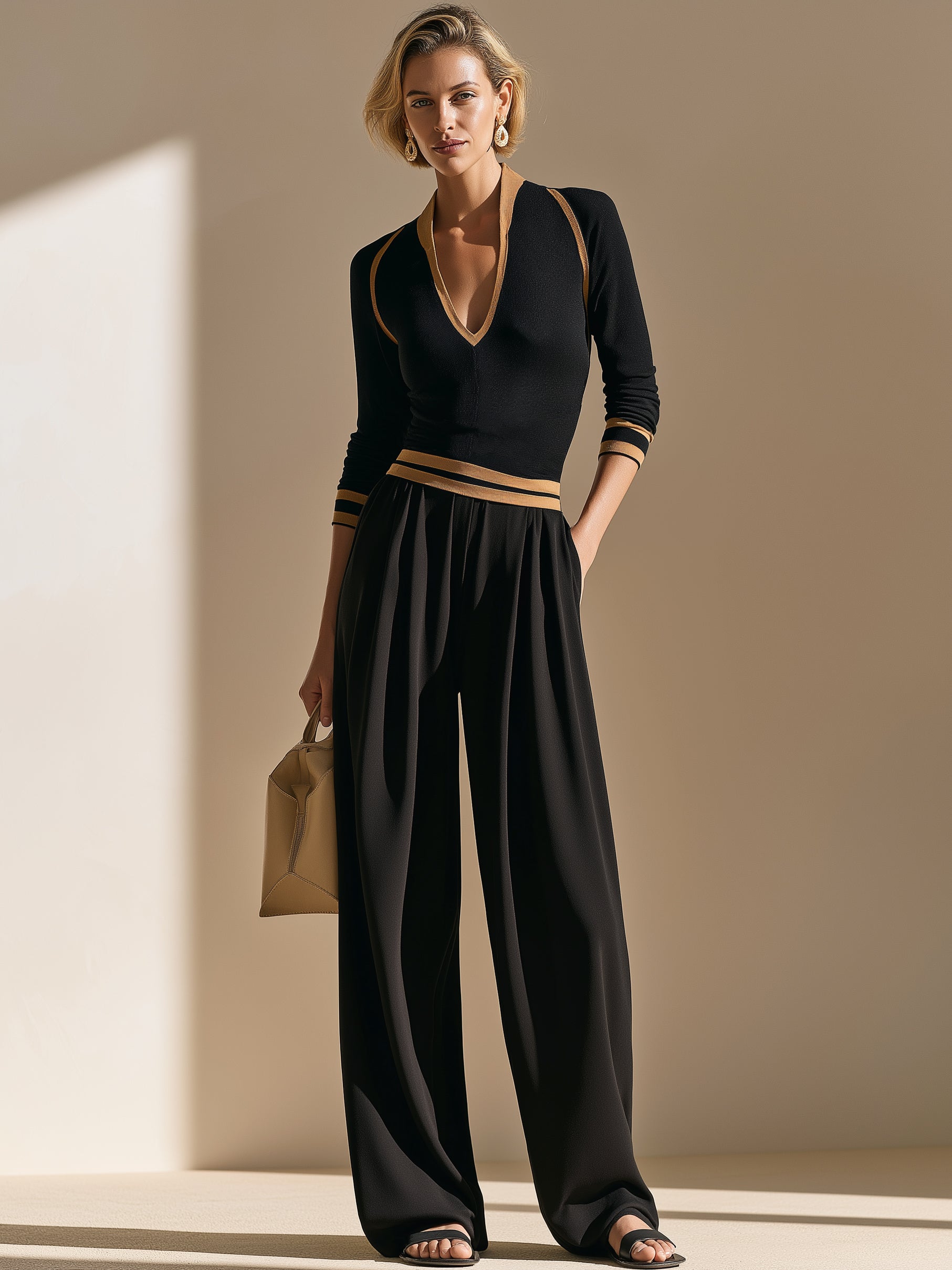 Contrast‑Trim Knit Top & Wide‑Leg Trousers Set