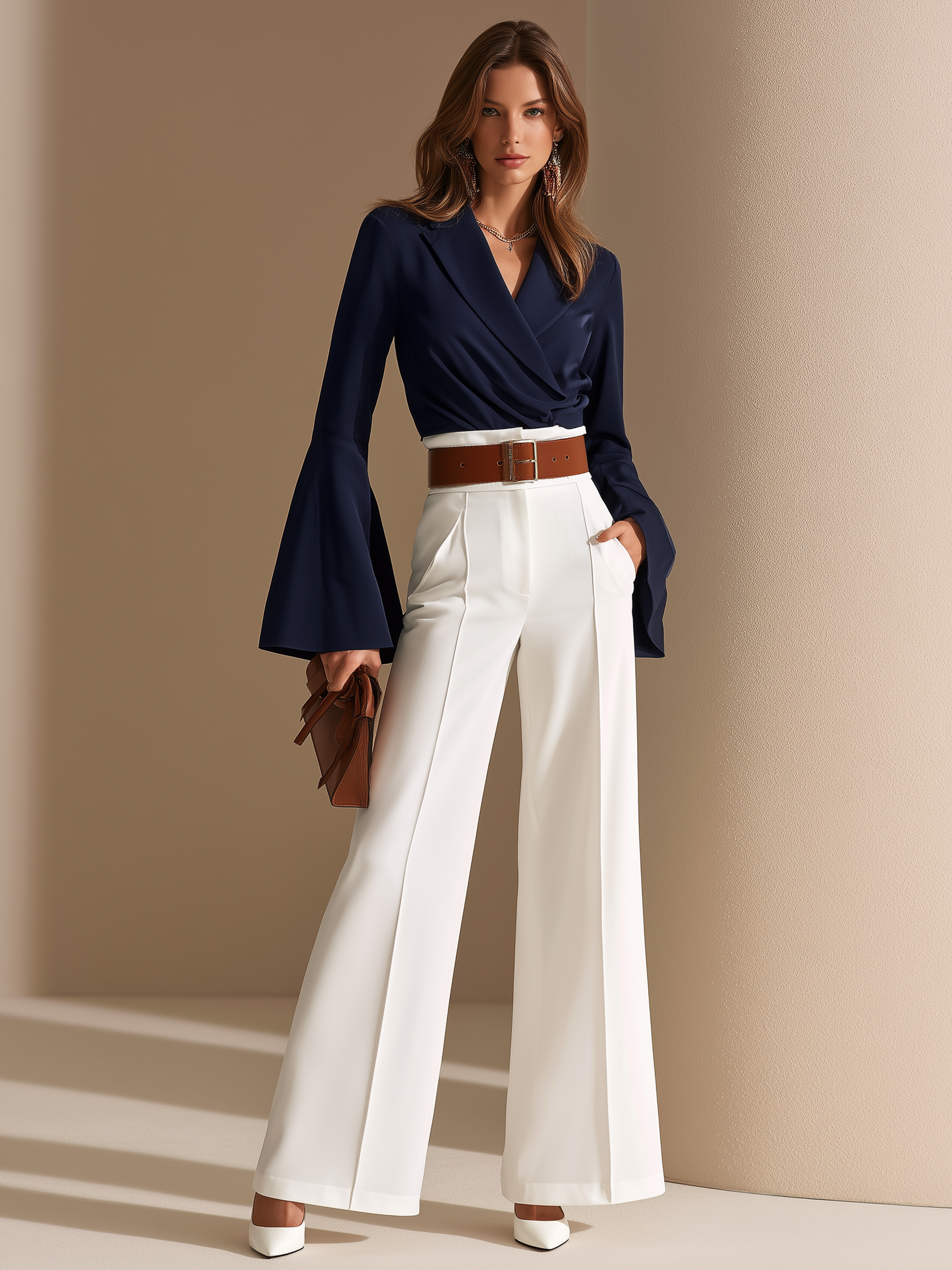 Elegant Navy Blue Flared Sleeve Blouse & White Tailored Wide Leg Pants Set