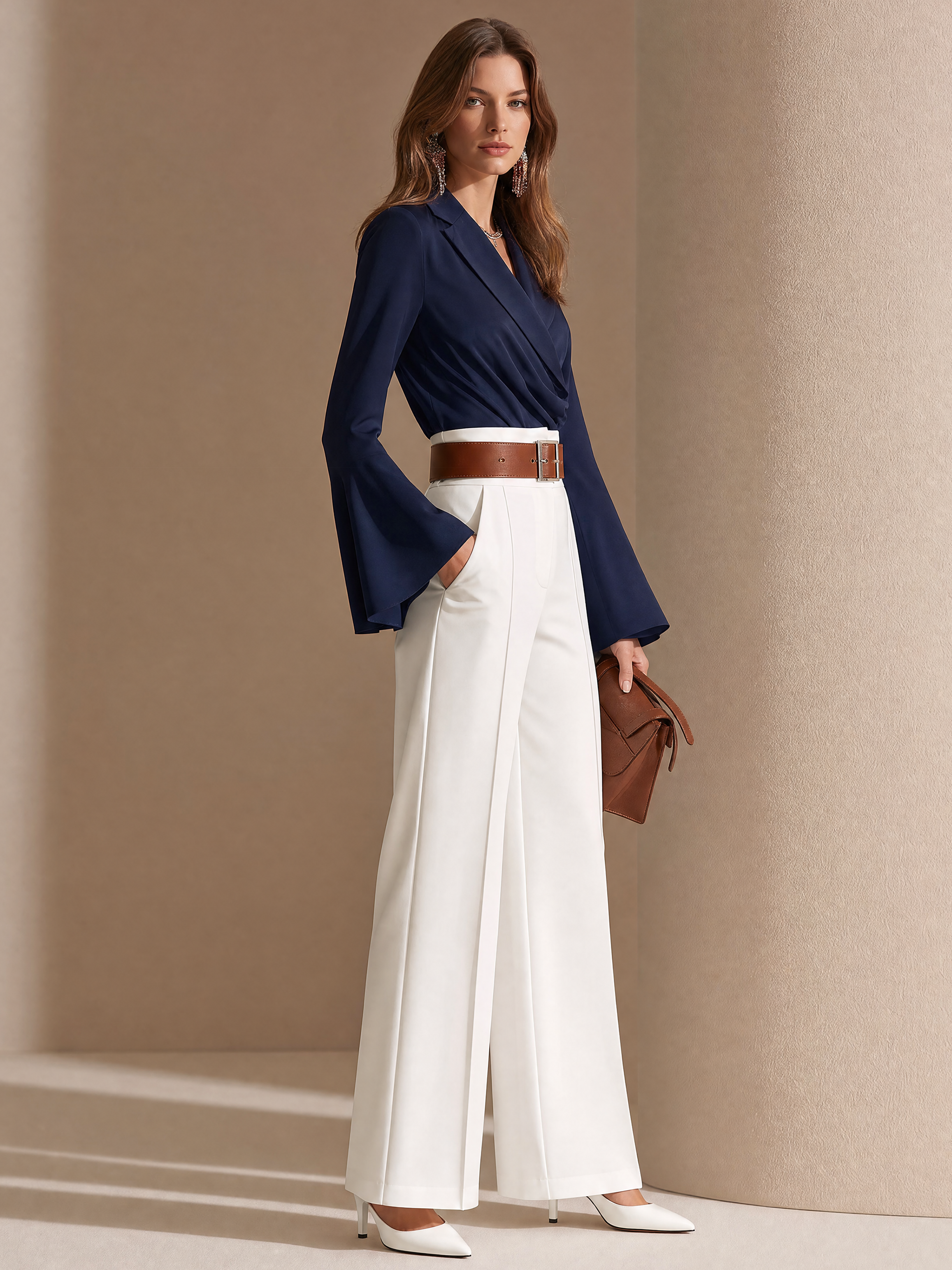 Elegant Navy Blue Flared Sleeve Blouse & White Tailored Wide Leg Pants Set