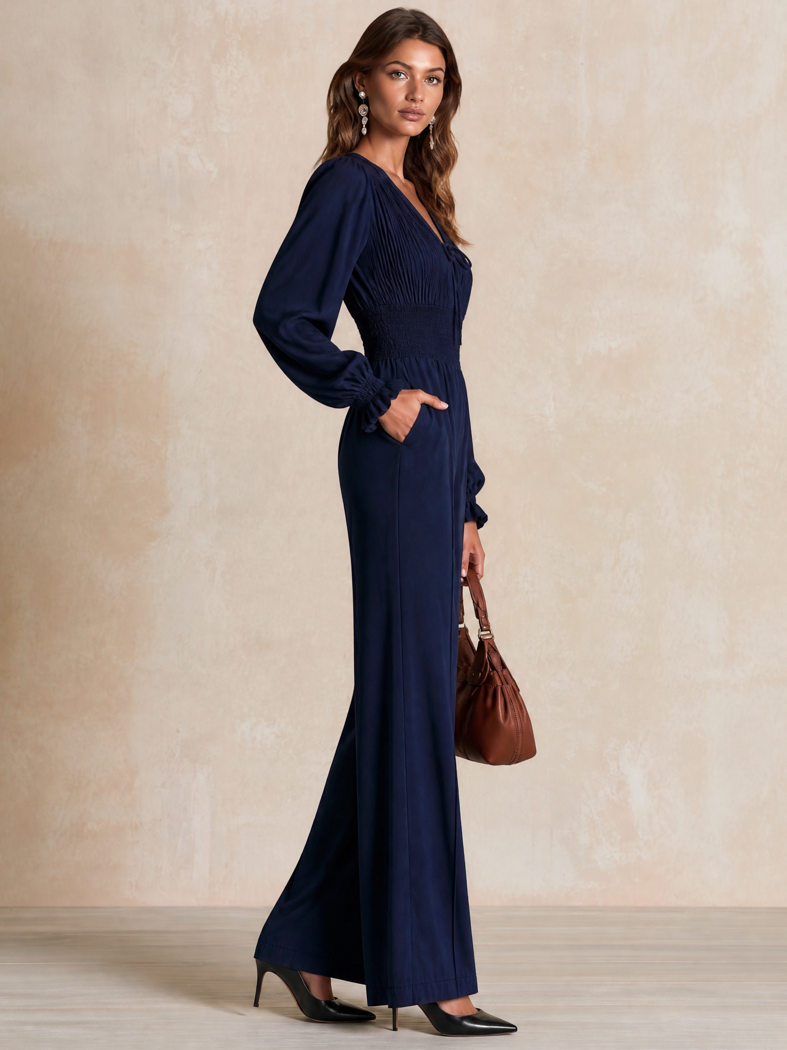 V-Neck Long Sleeve Smocked Waist Wide Leg Jumpsuit
