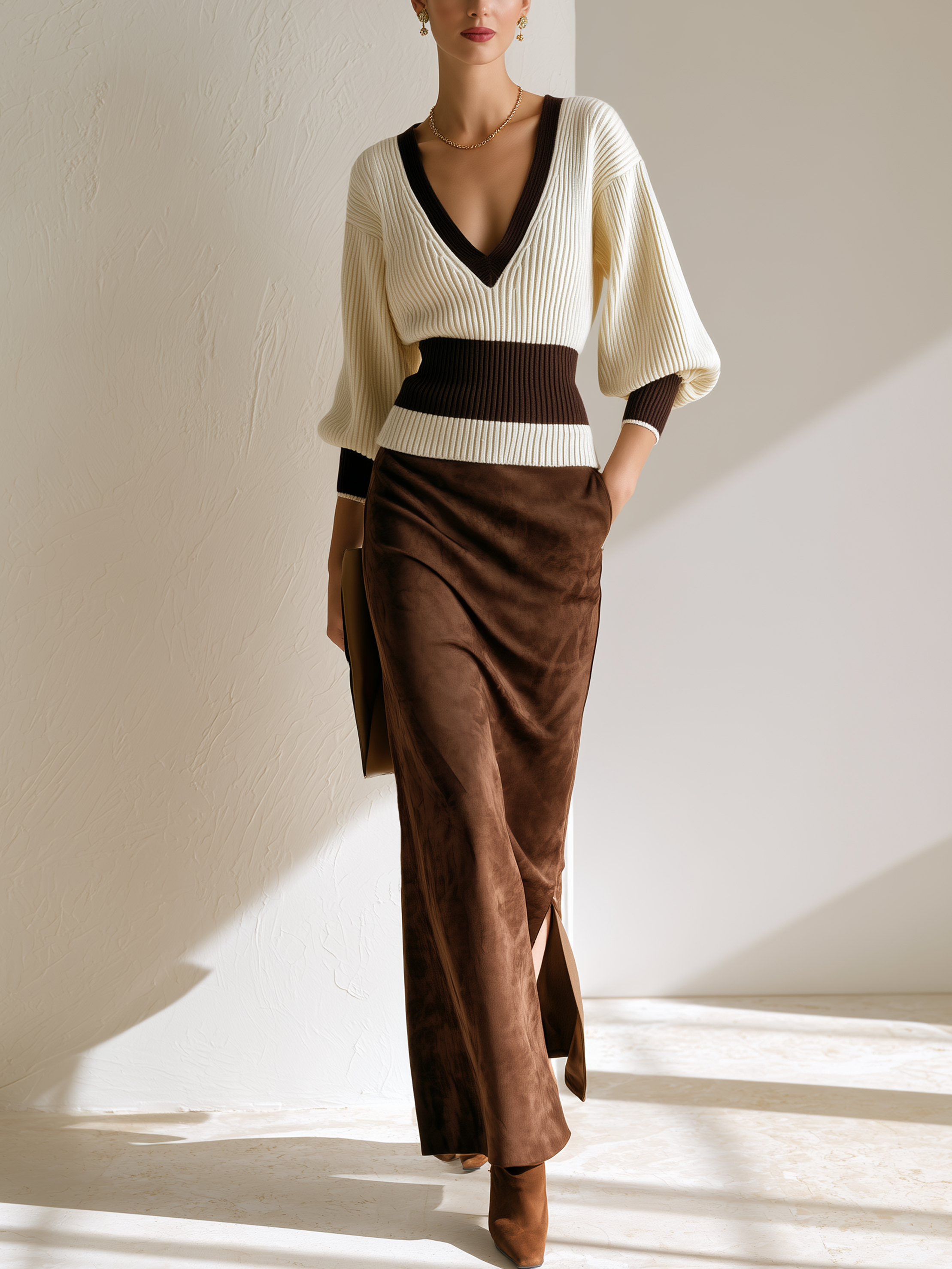 Elegant Dark Brown Trim V Cinched Knit Side Slit Suede Skirt Outfit