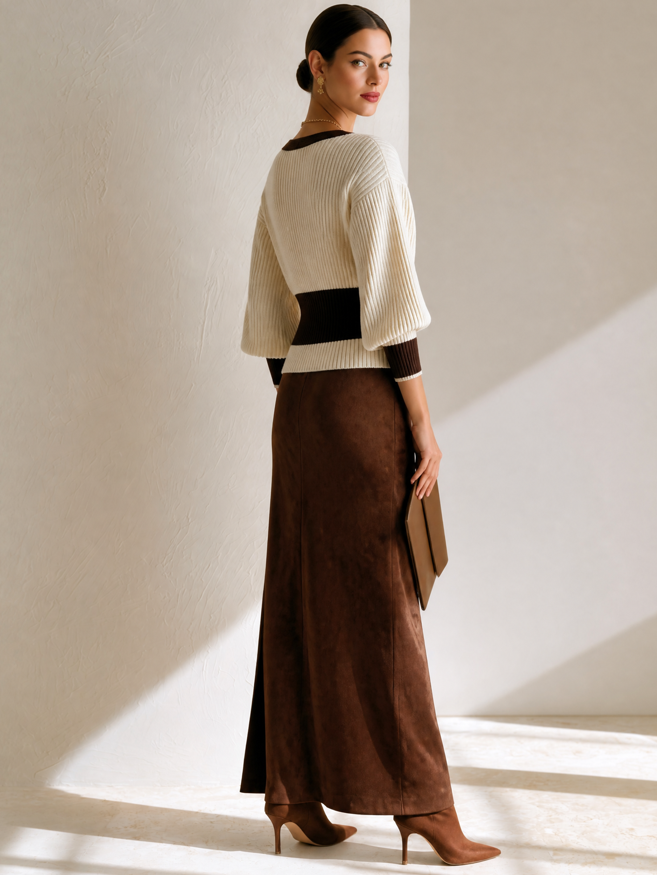 Elegant Dark Brown Trim V Cinched Knit Side Slit Suede Skirt Outfit