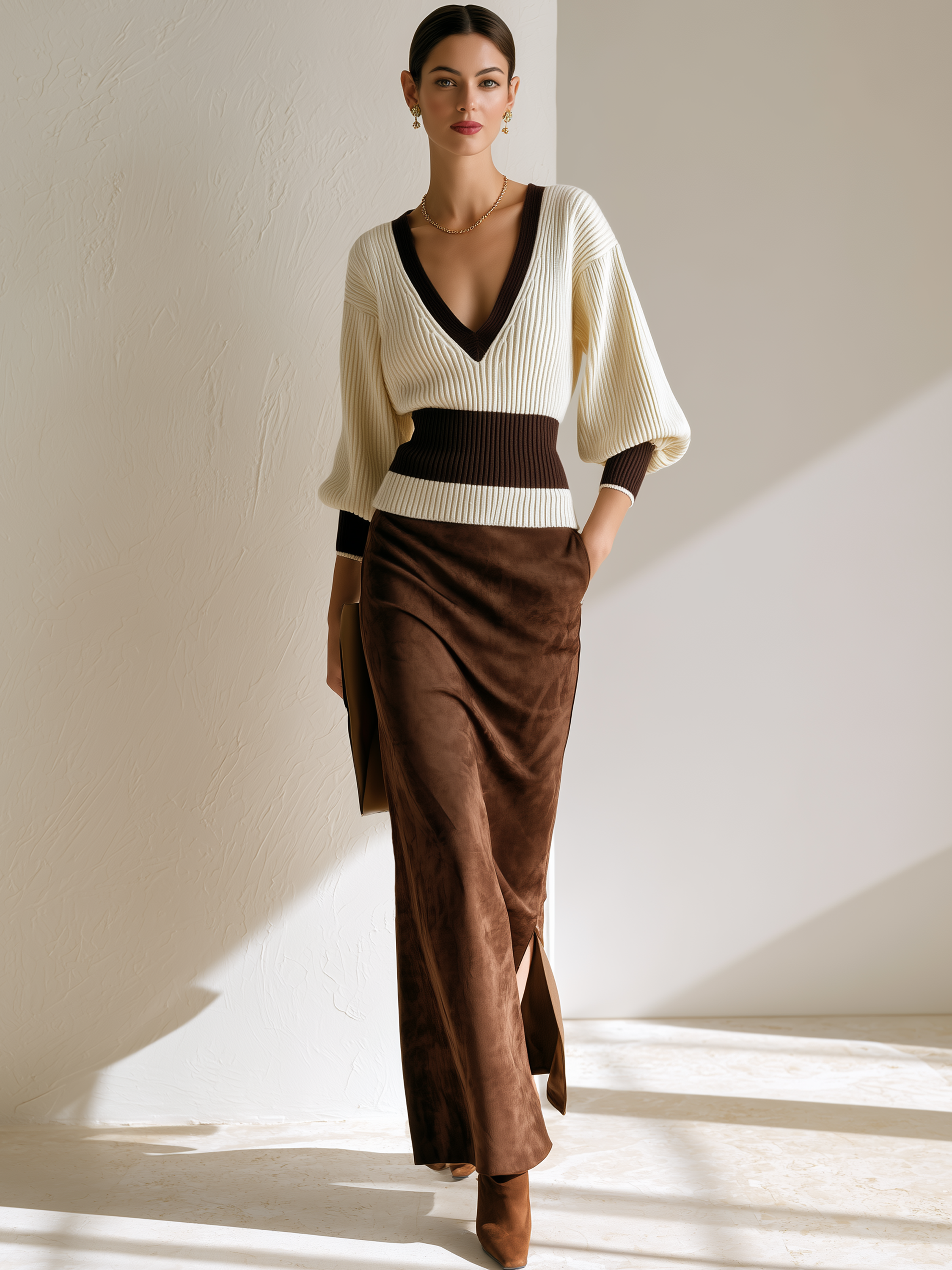 Elegant Dark Brown Trim V Cinched Knit Side Slit Suede Skirt Outfit