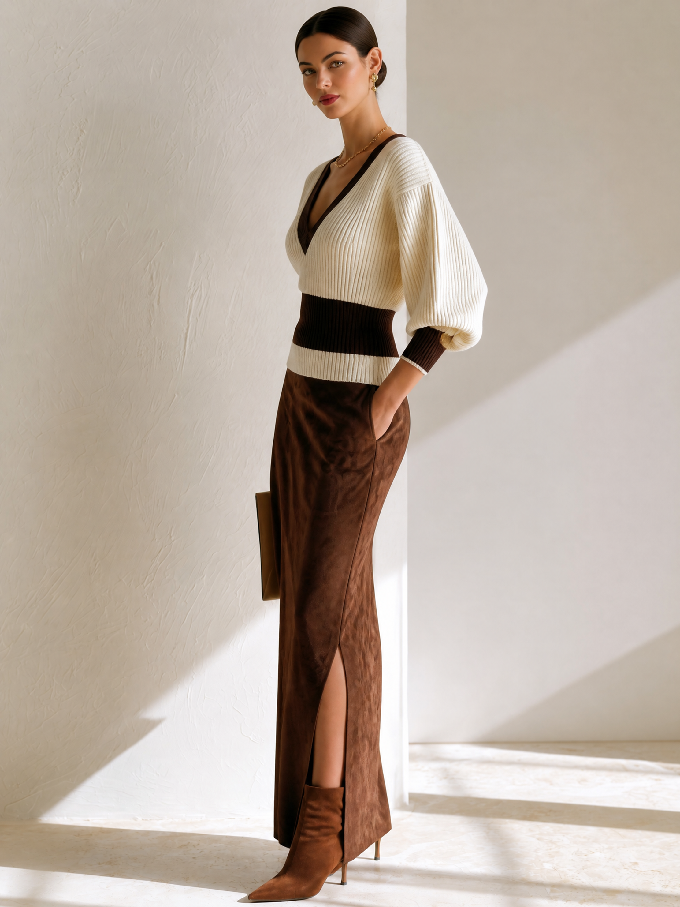 Elegant Dark Brown Trim V Cinched Knit Side Slit Suede Skirt Outfit