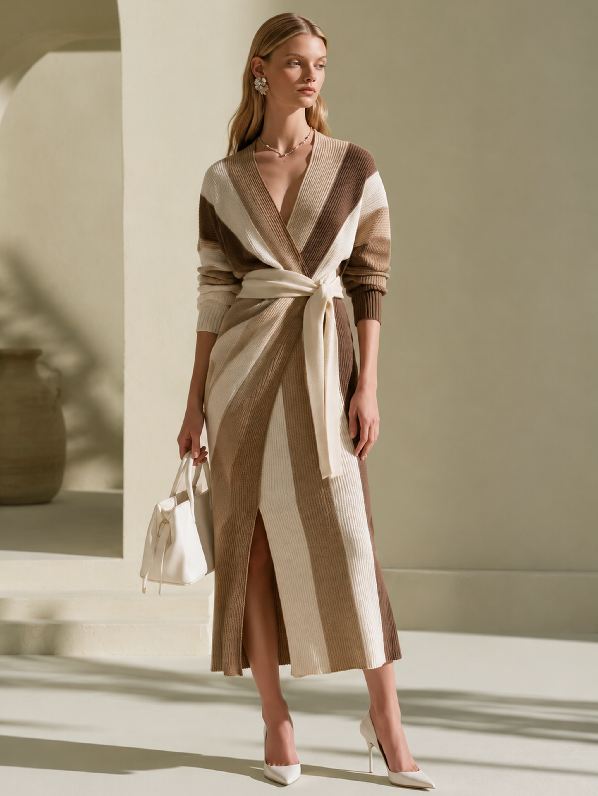 Elegant Light Brown & Brown Contrast Stripe Ribbed Knit Midi Dress