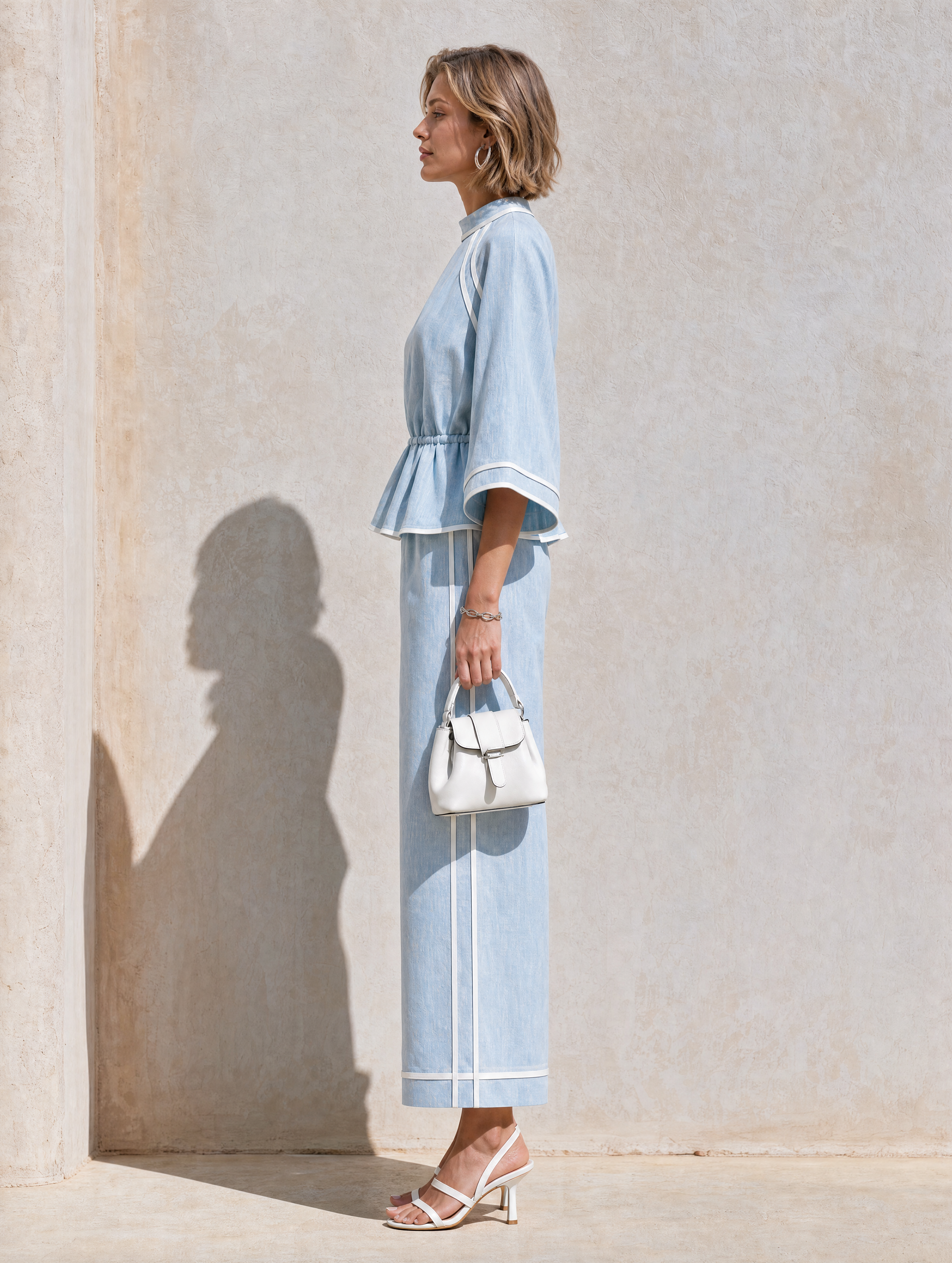 Elegant Blue Linen Set With Bell Sleeves And White Piping