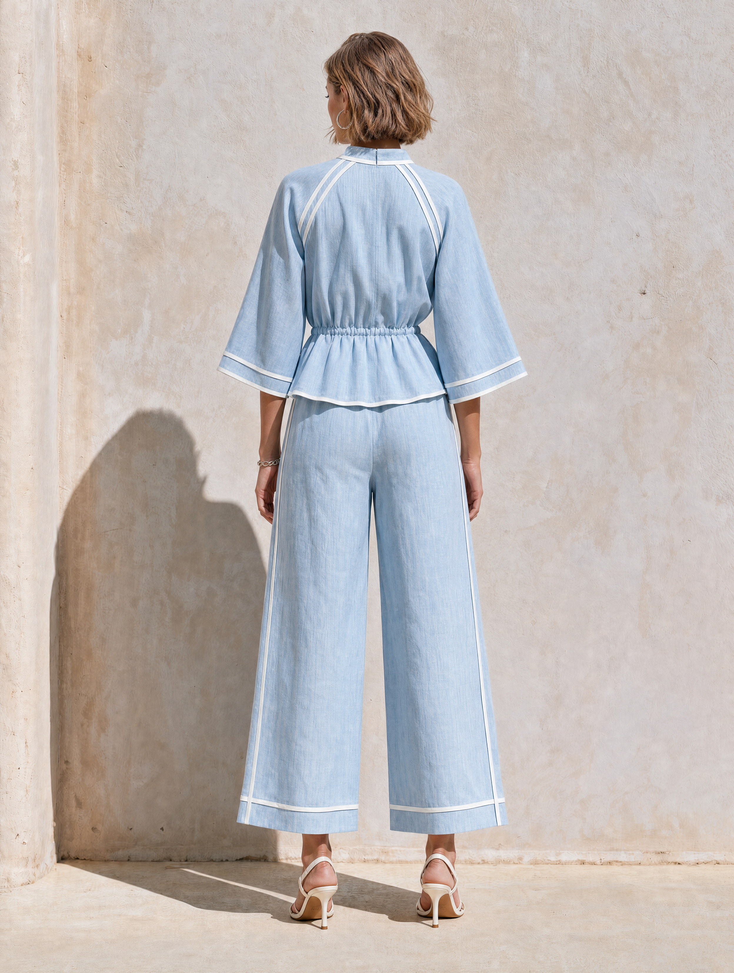 Elegant Blue Linen Set With Bell Sleeves And White Piping