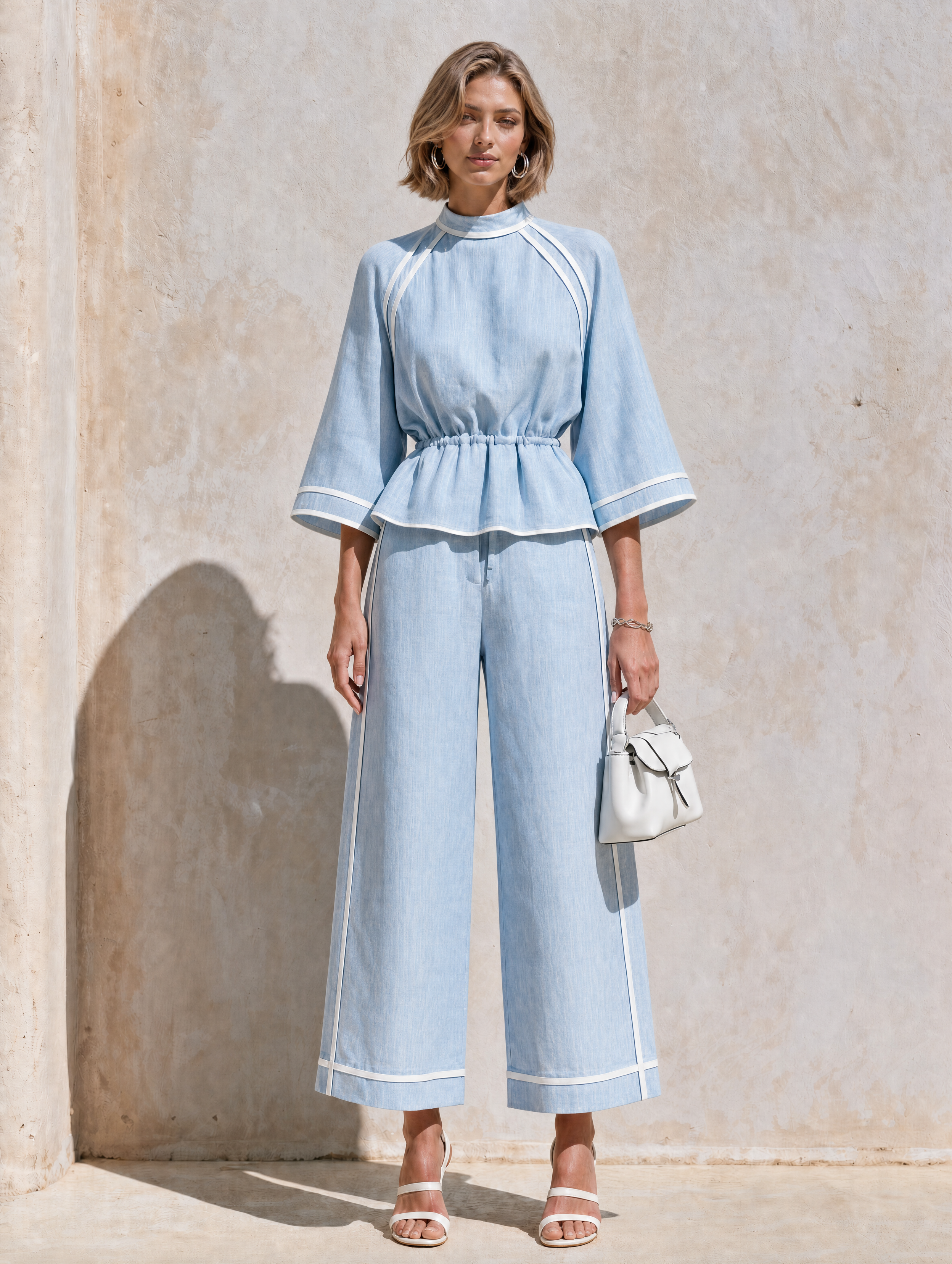 Elegant Blue Linen Set With Bell Sleeves And White Piping