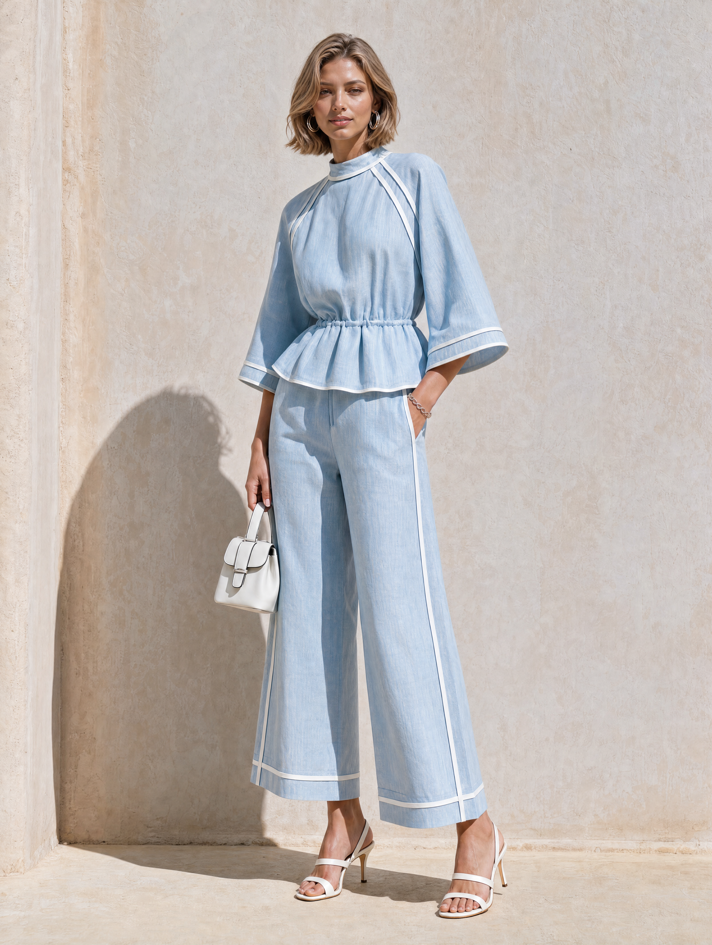 Elegant Blue Linen Set With Bell Sleeves And White Piping