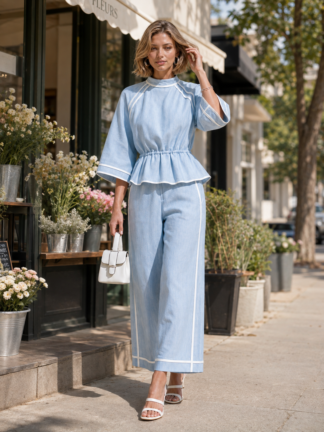 Elegant Blue Linen Set With Bell Sleeves And White Piping