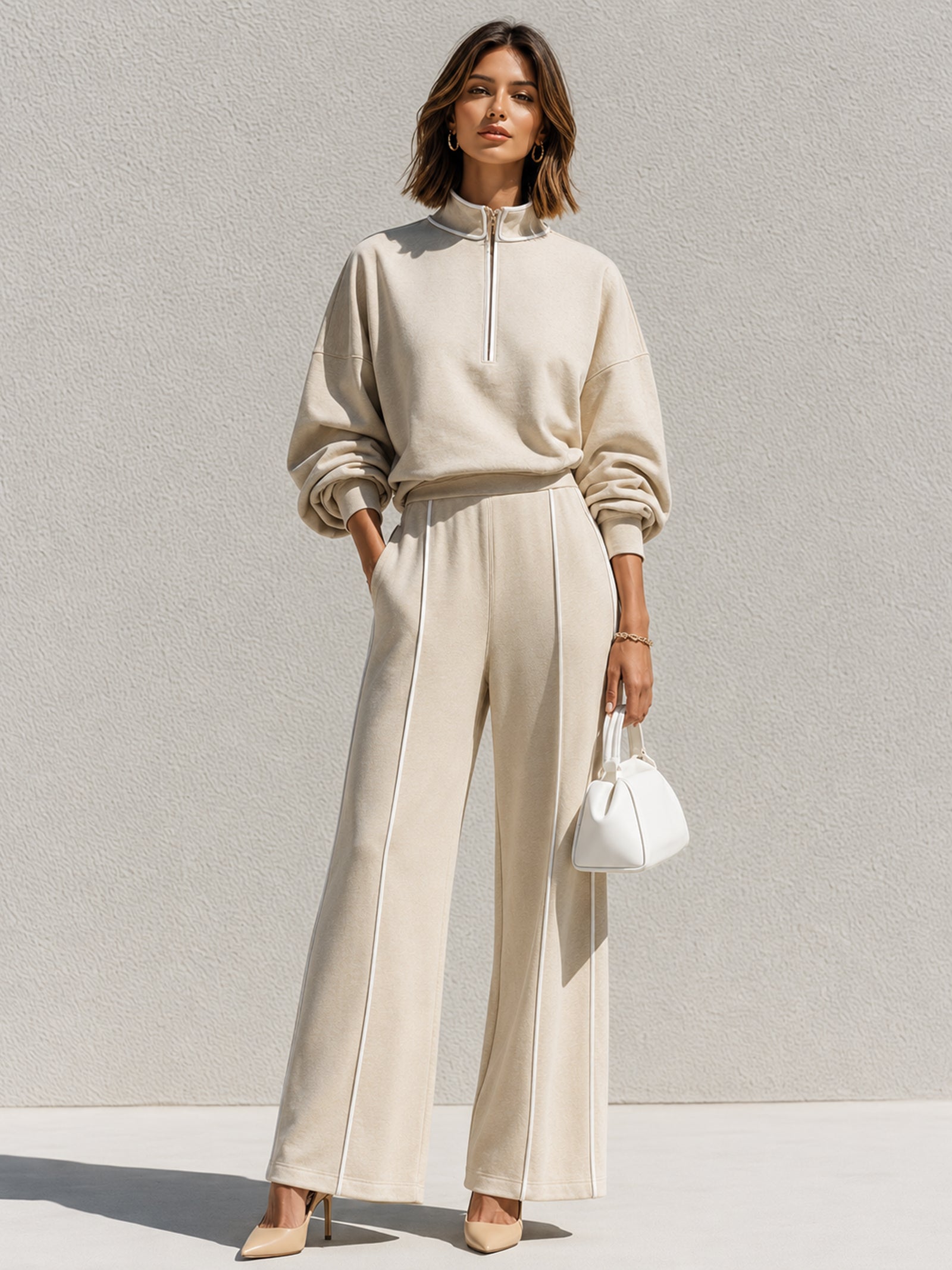 Elegant White Stand-collar Sweatshirt And Matching Set With White Piping