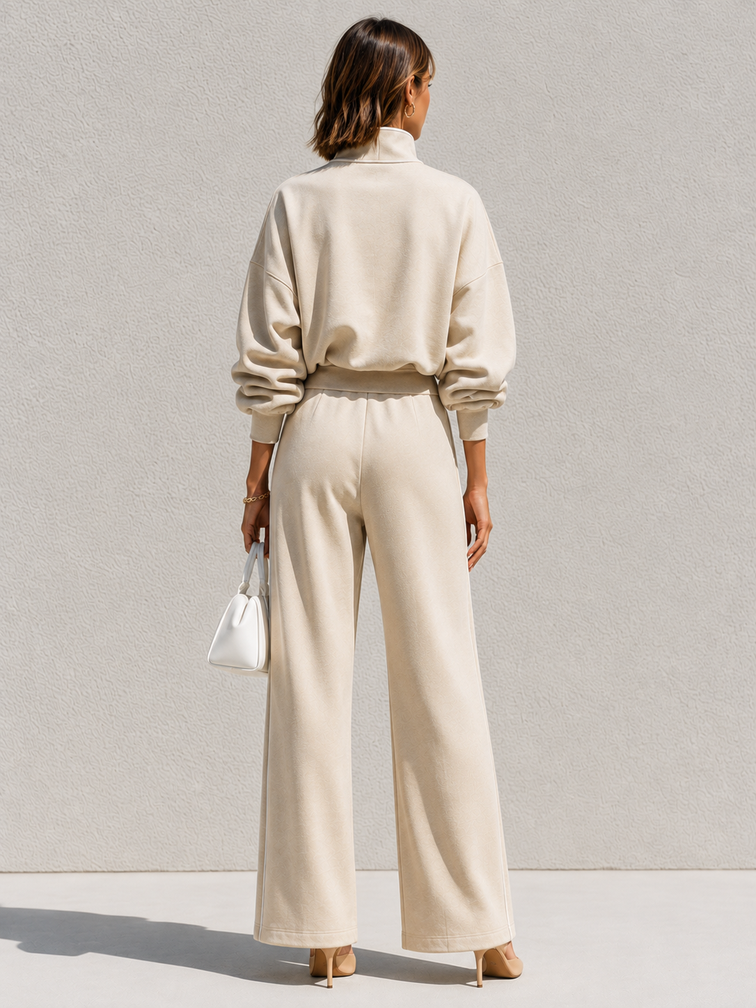 Elegant White Stand-collar Sweatshirt And Matching Set With White Piping