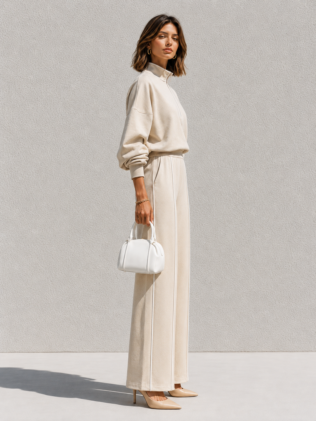 Elegant White Stand-collar Sweatshirt And Matching Set With White Piping