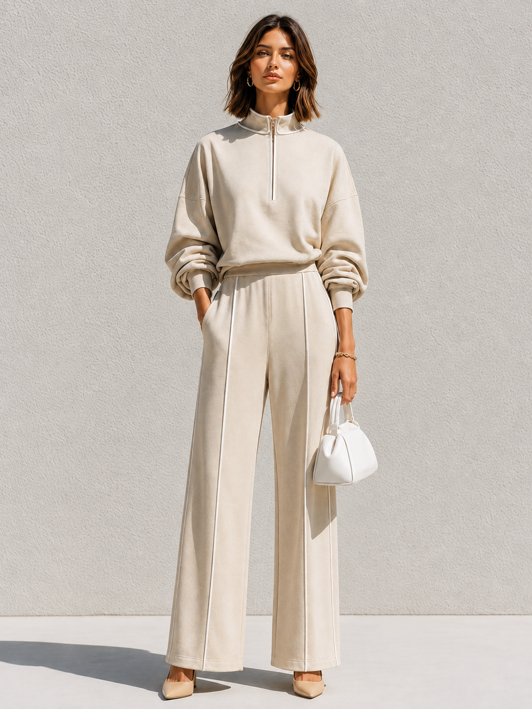Elegant White Stand-collar Sweatshirt And Matching Set With White Piping