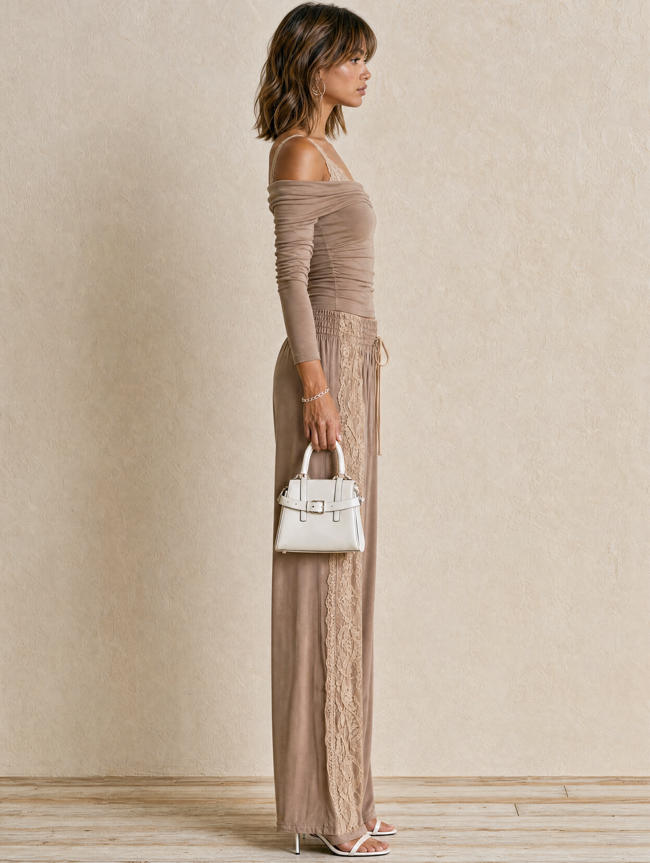 Elegant Khaki Off-Shoulder Lace-Panel Set
