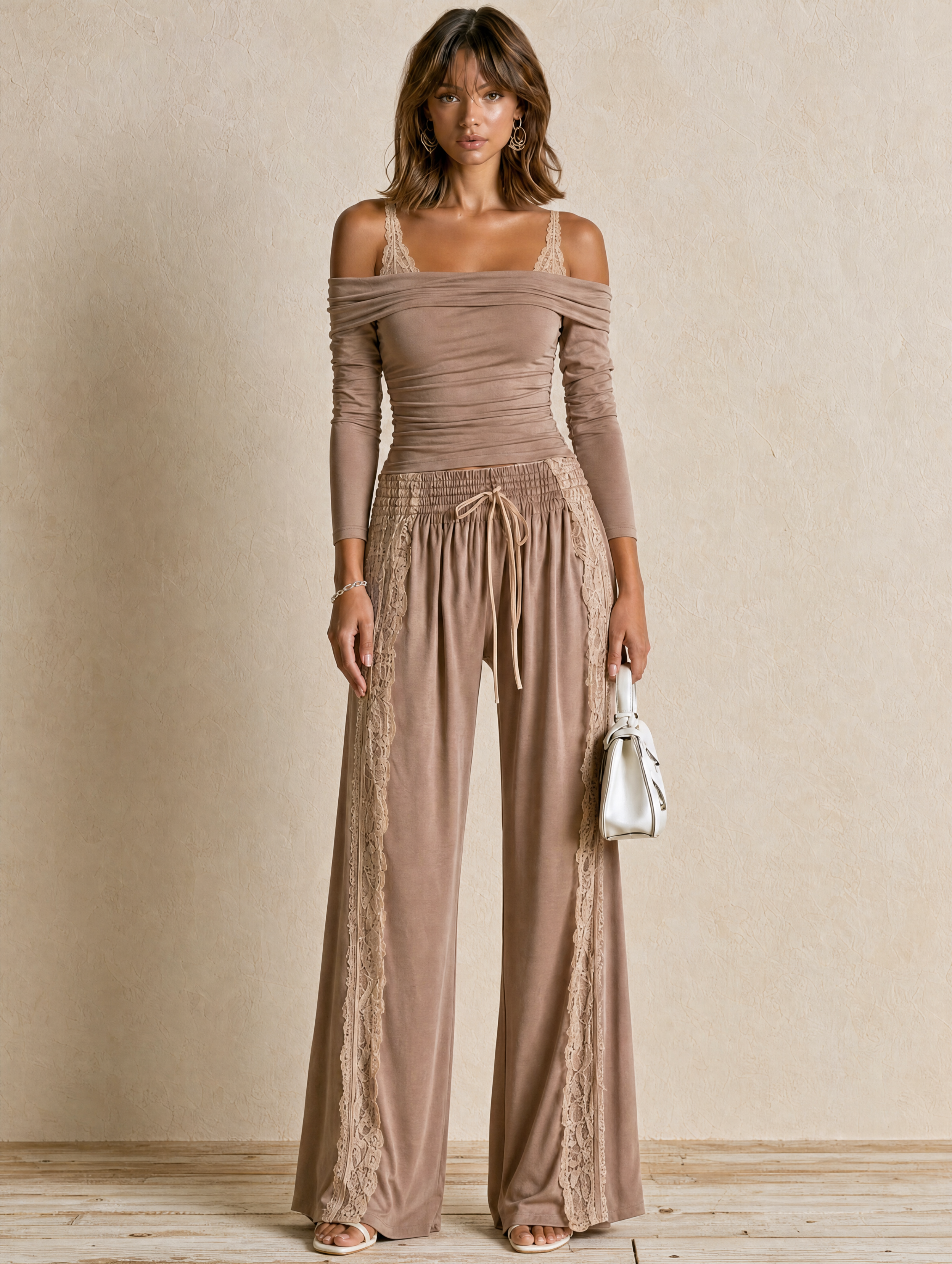 Elegant Khaki Off-Shoulder Lace-Panel Set