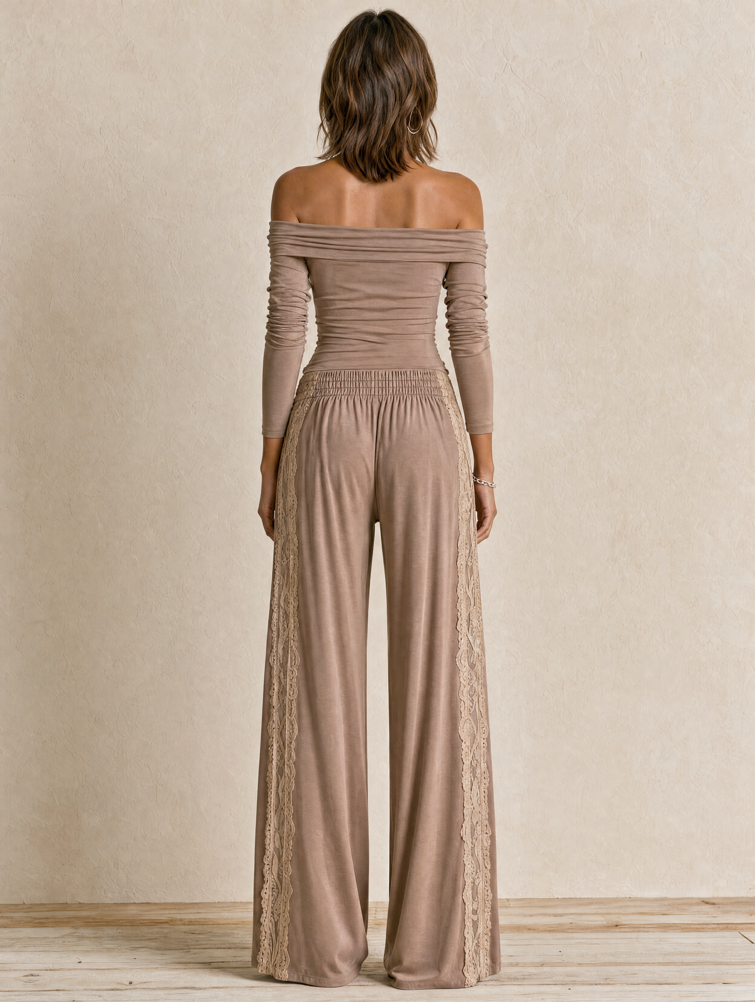 Elegant Khaki Off-Shoulder Lace-Panel Set