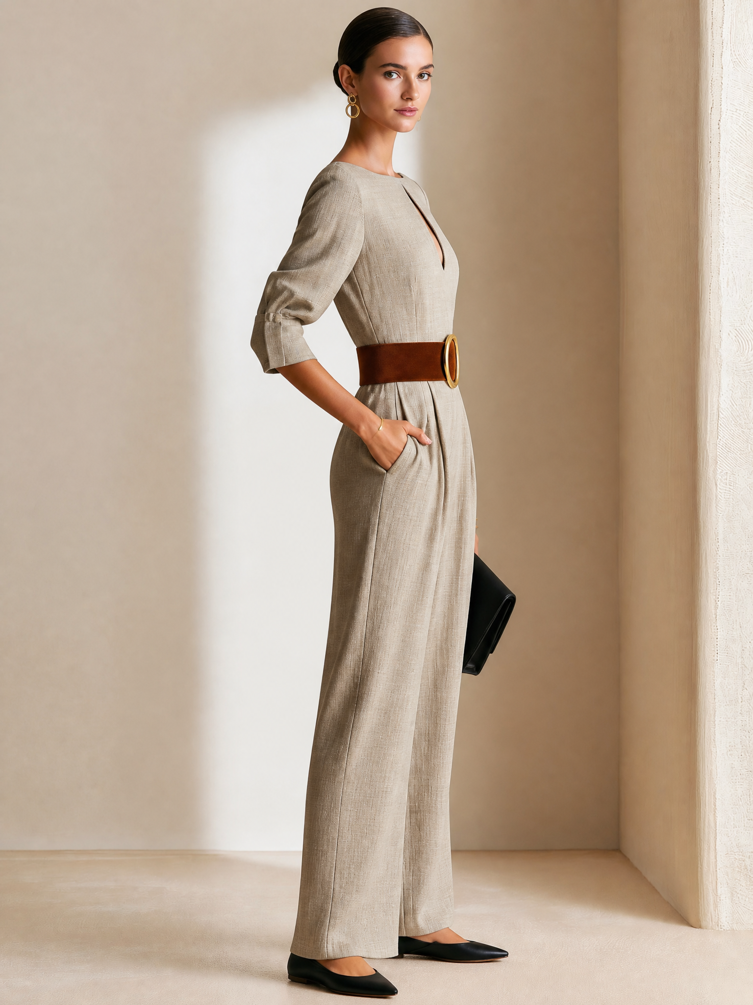 Elegant Oat Boat Neck Cutout 3/4 Sleeve Wide Suit Jumpsuit