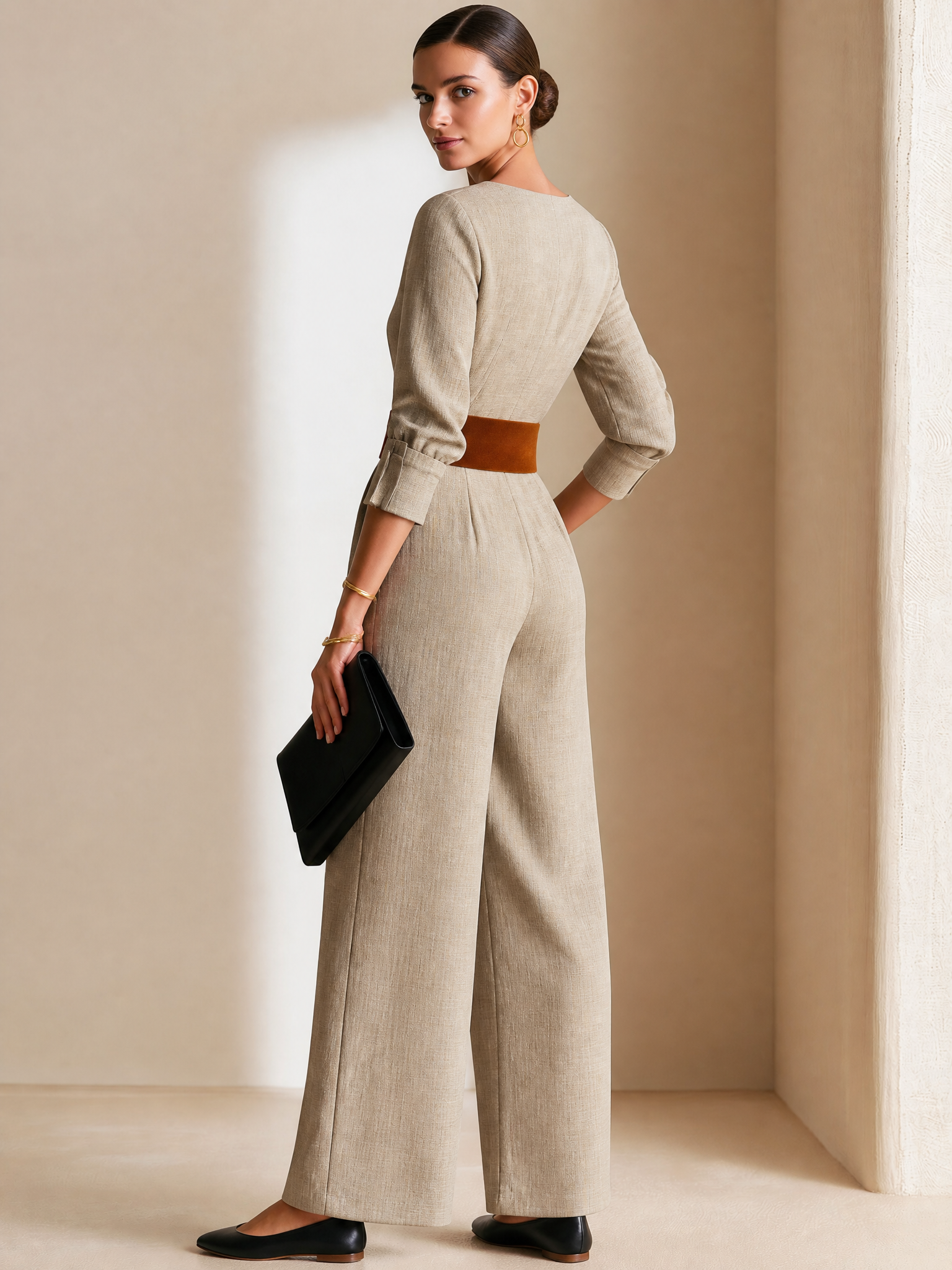 Elegant Oat Boat Neck Cutout 3/4 Sleeve Wide Suit Jumpsuit