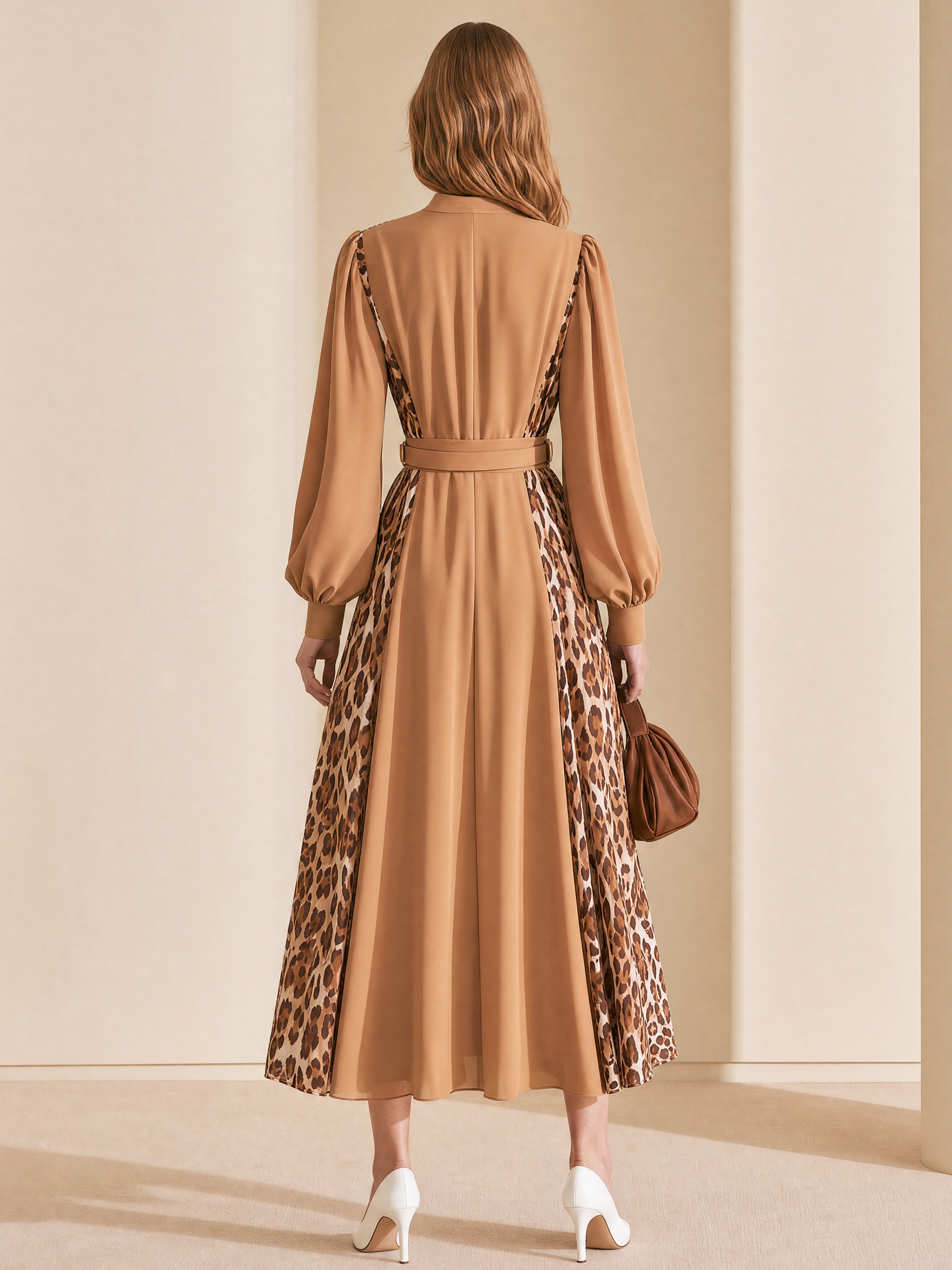 Elegant Khaki & Leopard Print Chiffon V-Neck Midi Dress