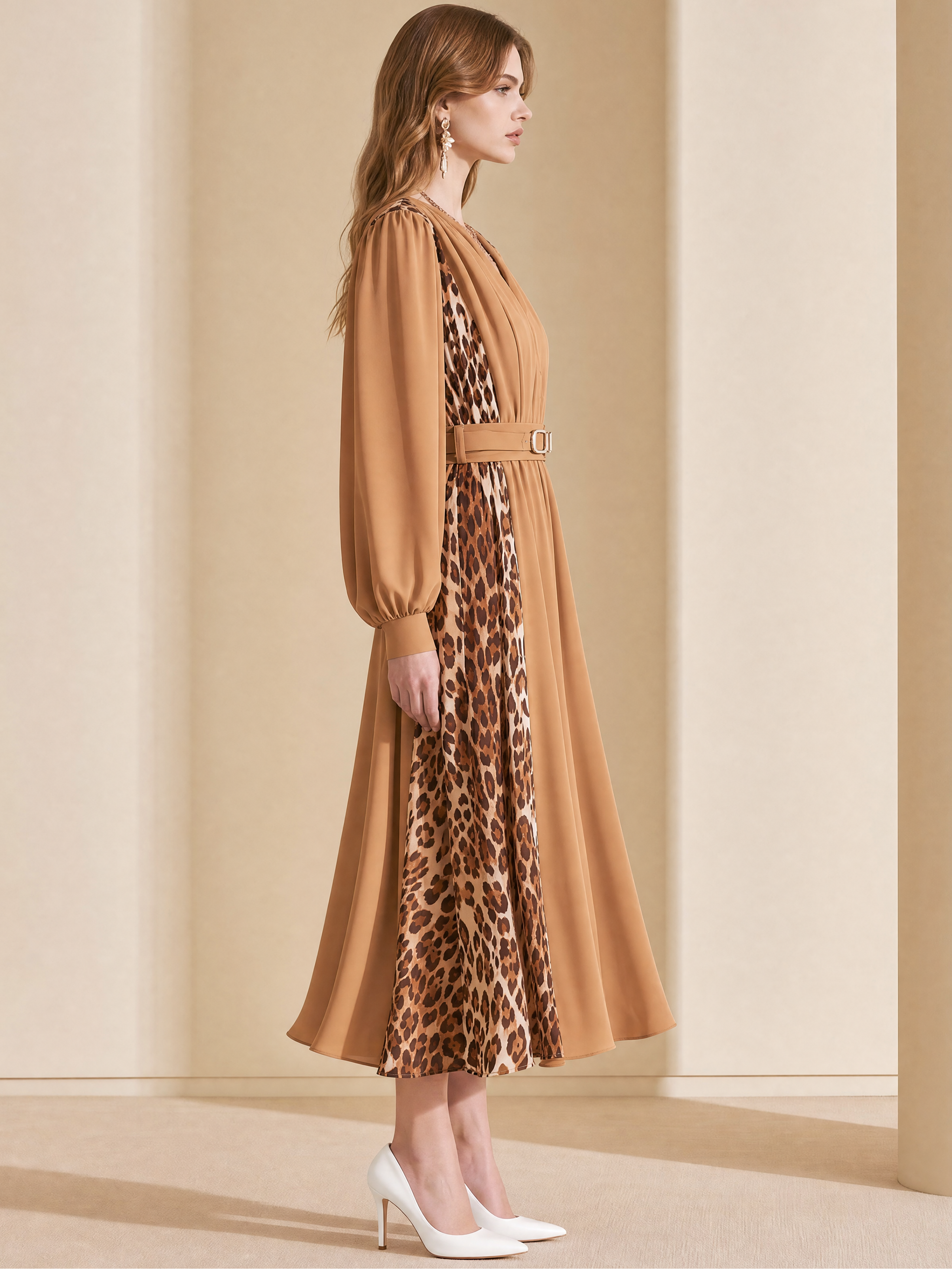 Elegant Khaki & Leopard Print Chiffon V-Neck Midi Dress