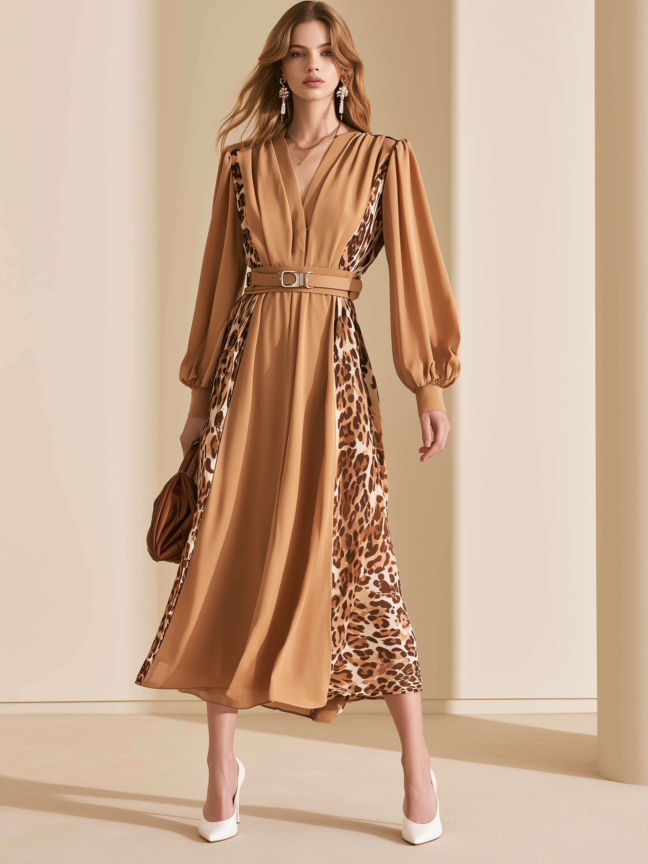 Elegant Khaki & Leopard Print Chiffon V-Neck Midi Dress