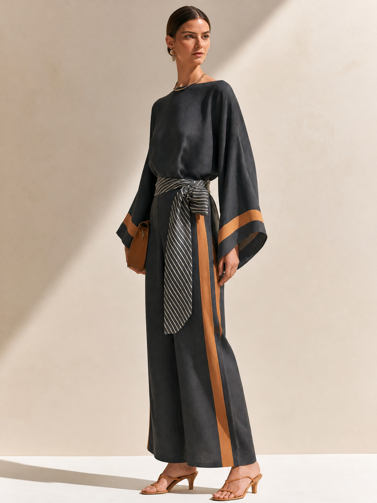 Elegant Textured Charcoal Caramel Trim Loose Top Straight Trousers