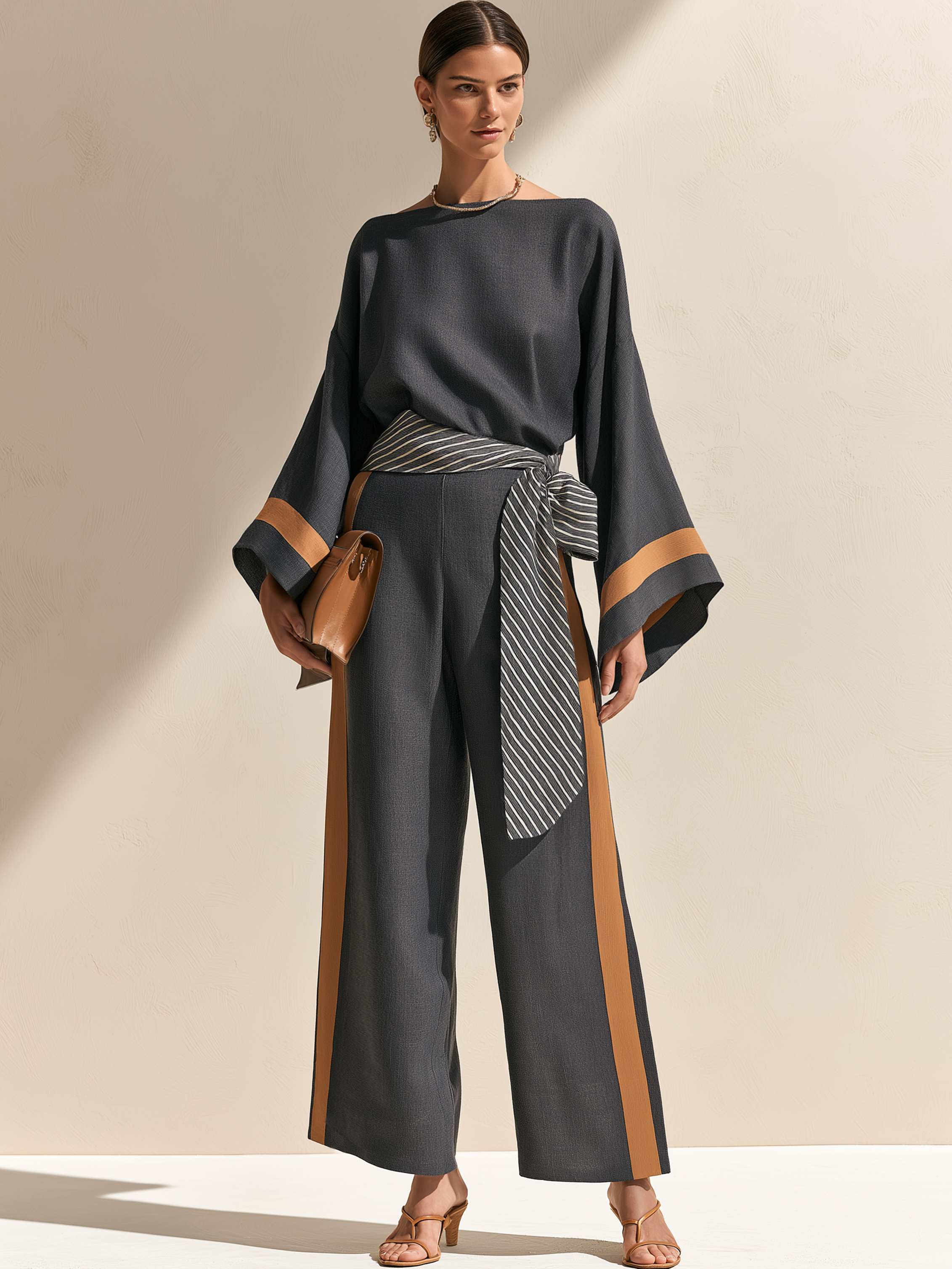 Elegant Textured Charcoal Caramel Trim Loose Top Straight Trousers