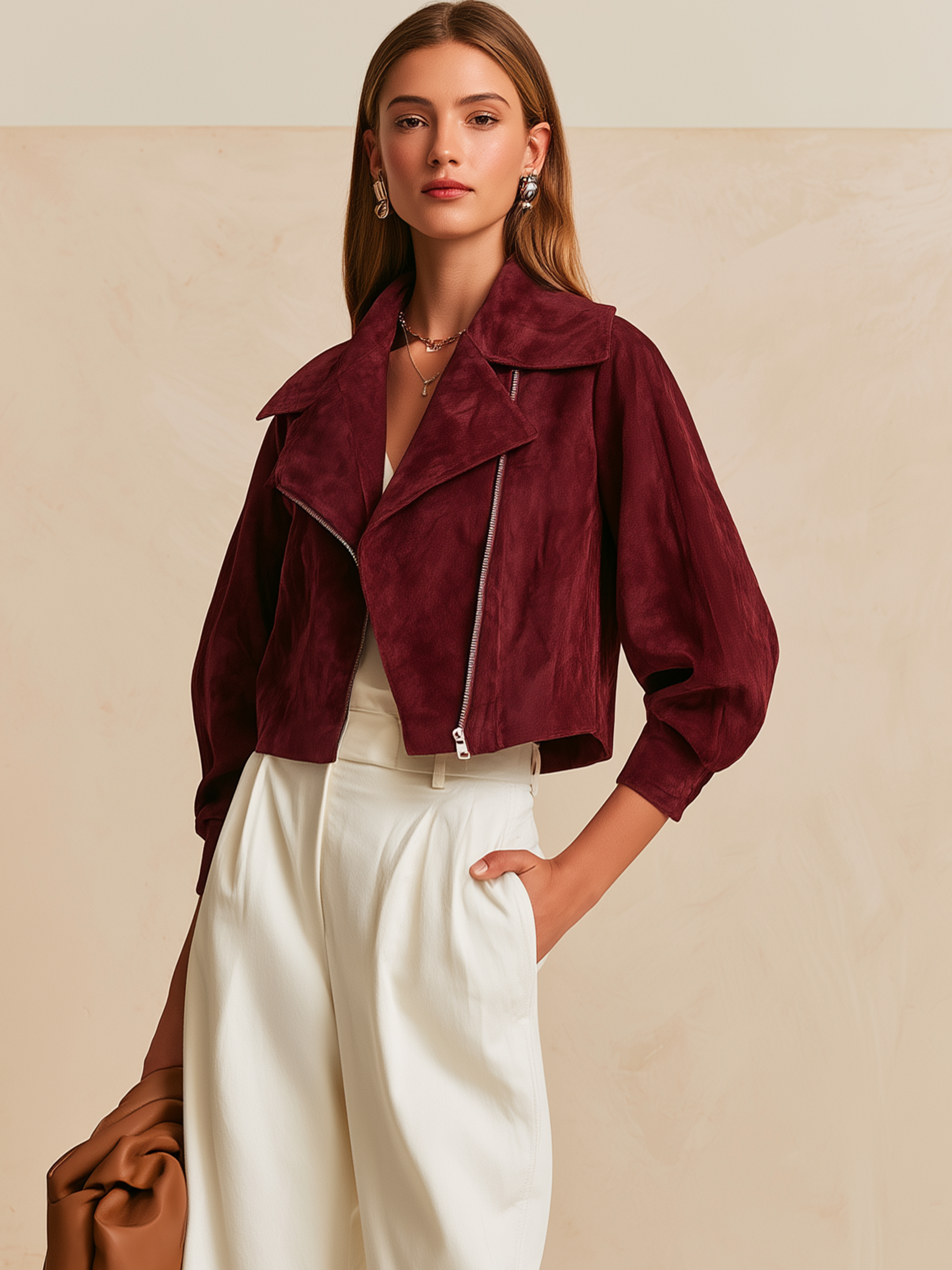 Elegant Burgundy Suede Cropped Moto Jacket