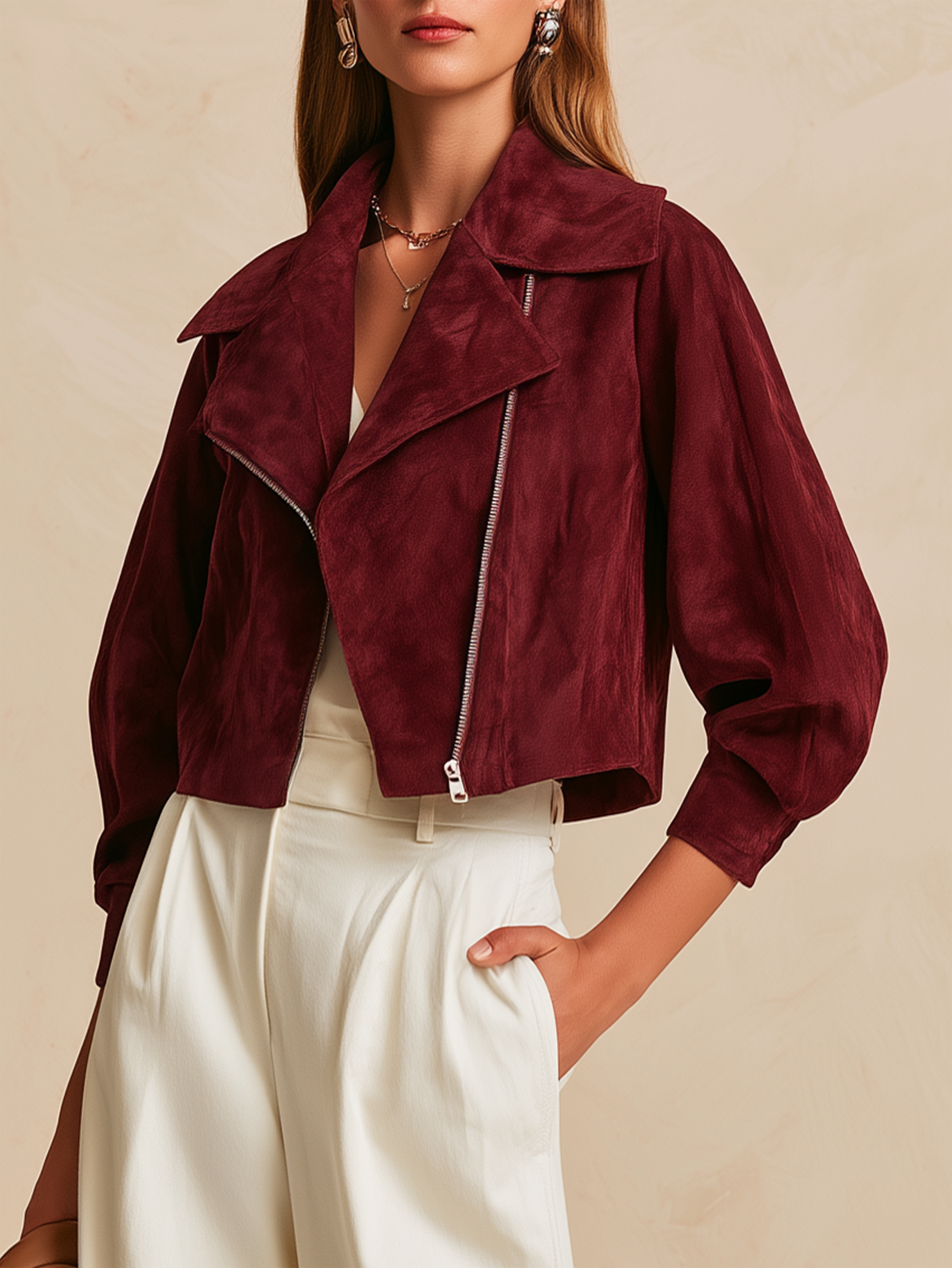 Elegant Burgundy Suede Cropped Moto Jacket