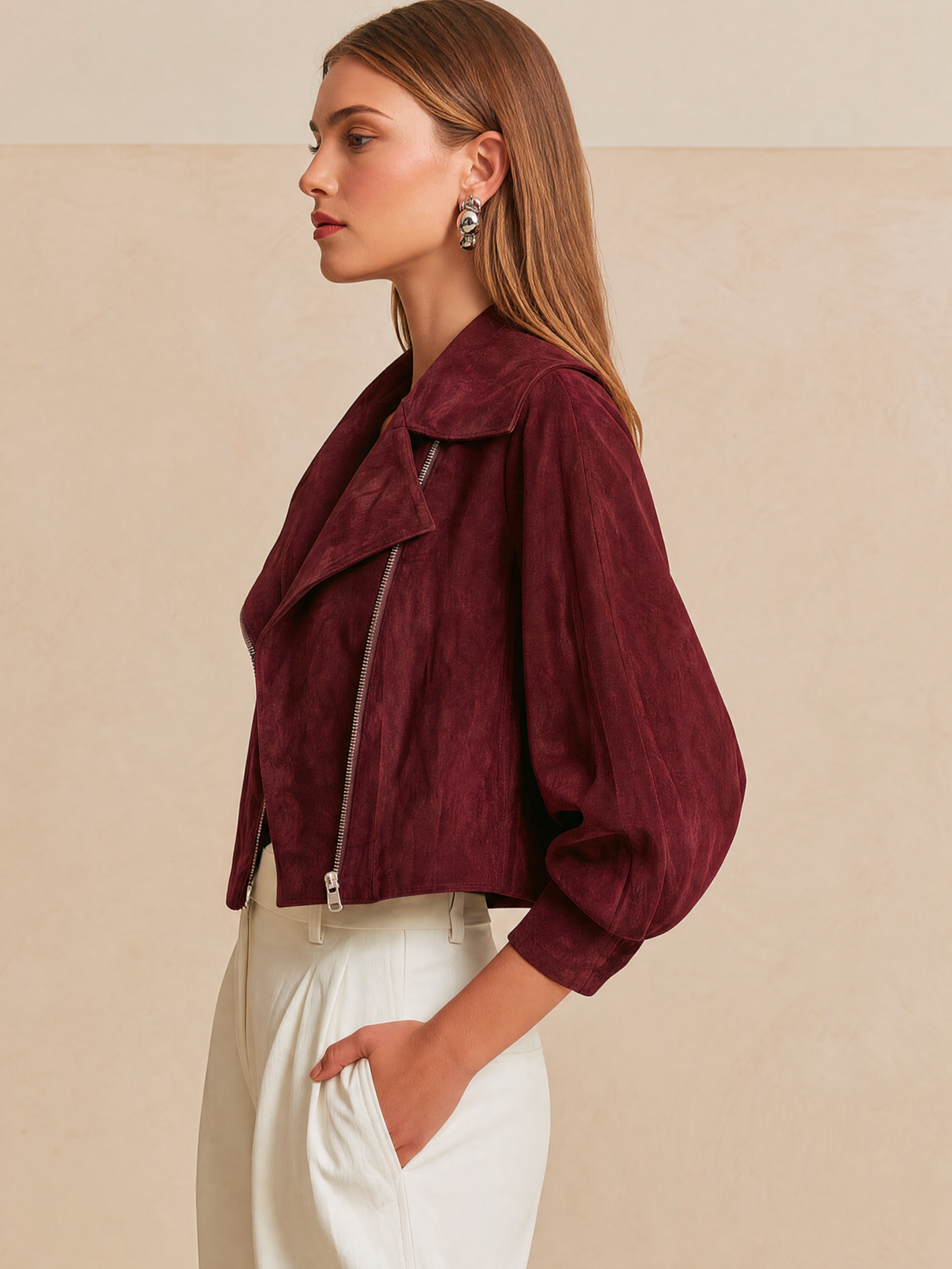 Elegant Burgundy Suede Cropped Moto Jacket