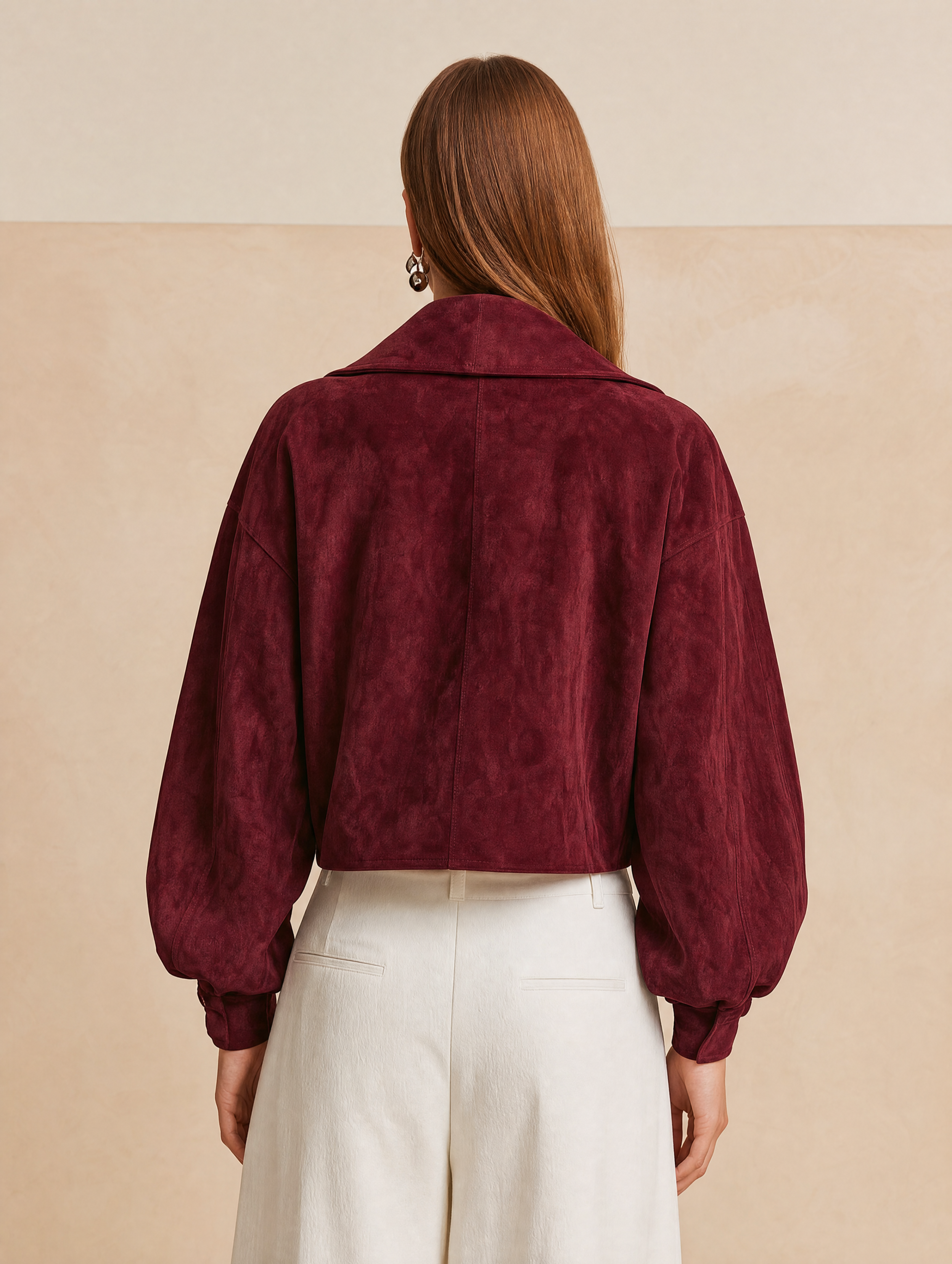 Elegant Burgundy Suede Cropped Moto Jacket