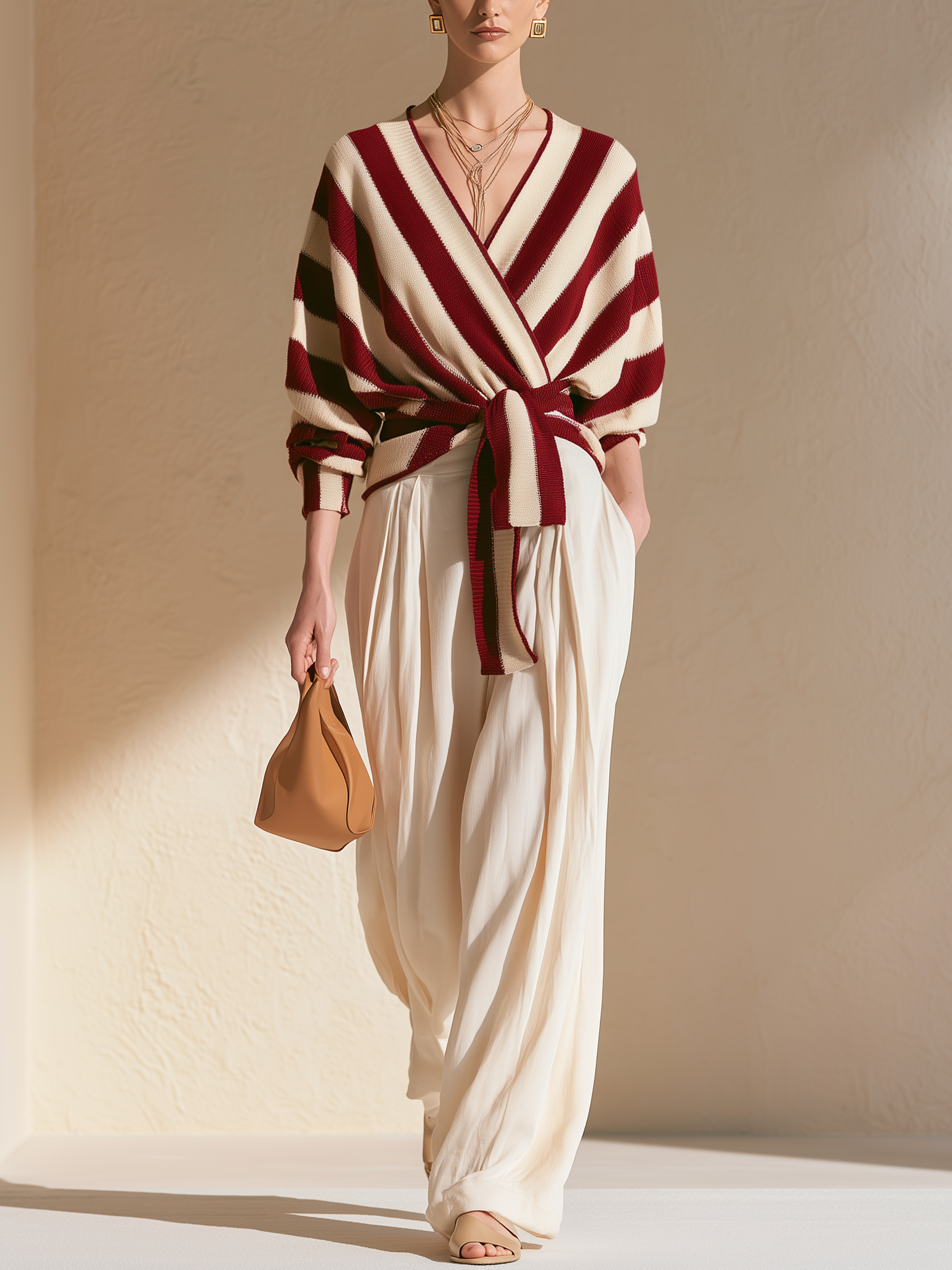 Elegant Burgundy Cream Diagonal Stripe Wrap Tie Knit Top Flowy Cream Wide Leg Two-Piece Set