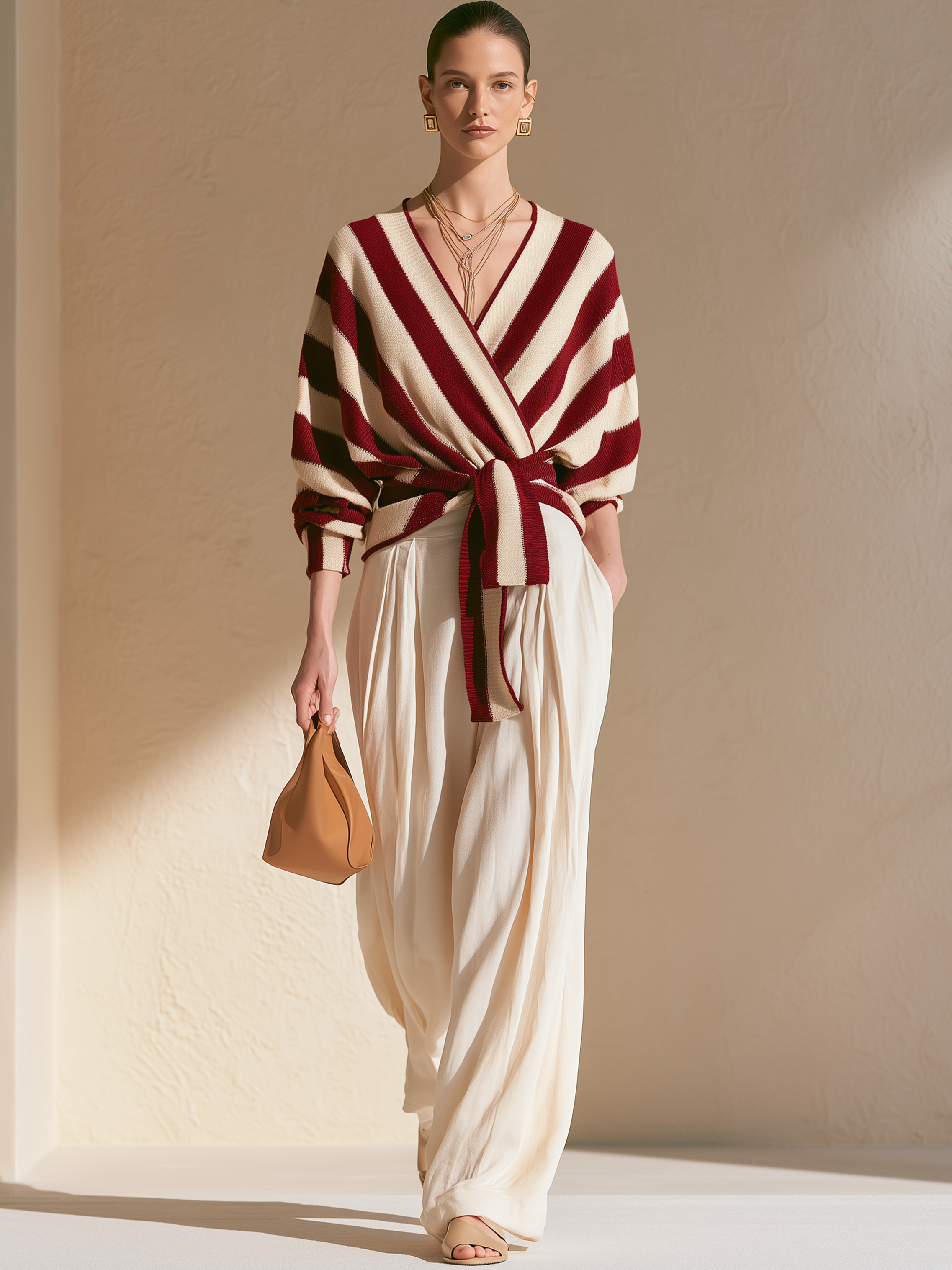 Elegant Burgundy Cream Diagonal Stripe Wrap Tie Knit Top Flowy Cream Wide Leg Two-Piece Set