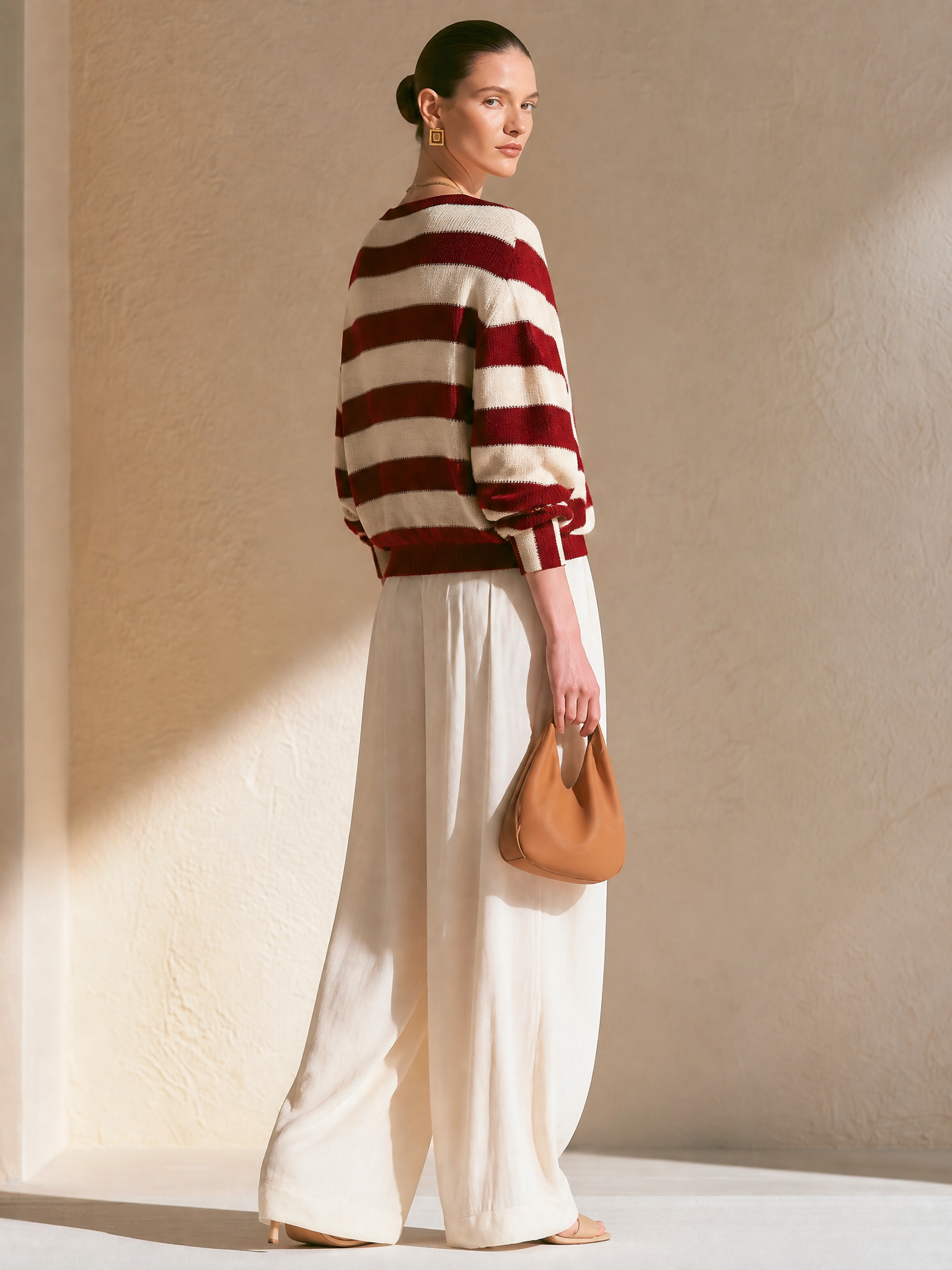Elegant Burgundy Cream Diagonal Stripe Wrap Tie Knit Top Flowy Cream Wide Leg Two-Piece Set