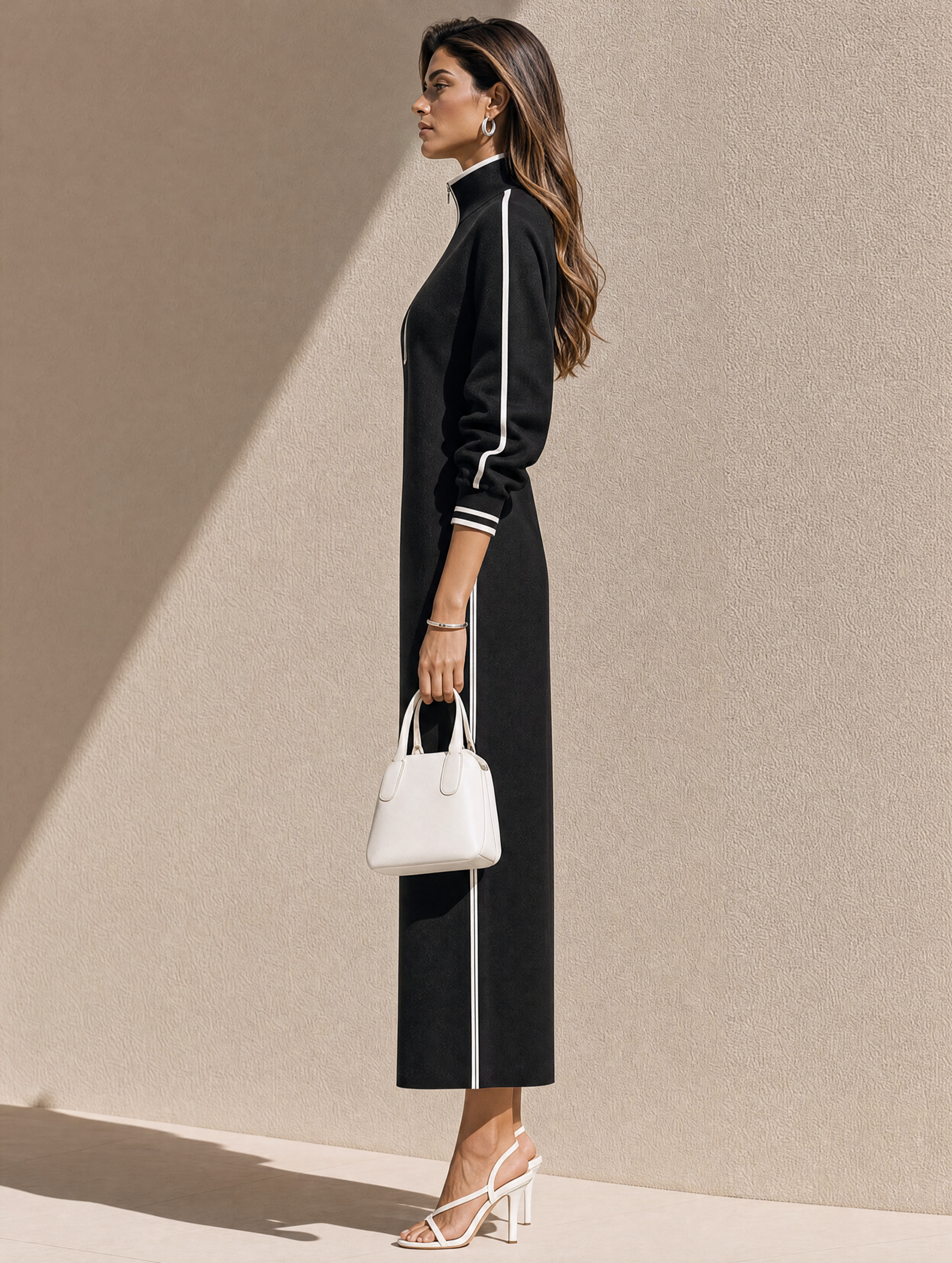 Elegant Black Straight-cut Knit Skirt With White Piping Contrast Detail