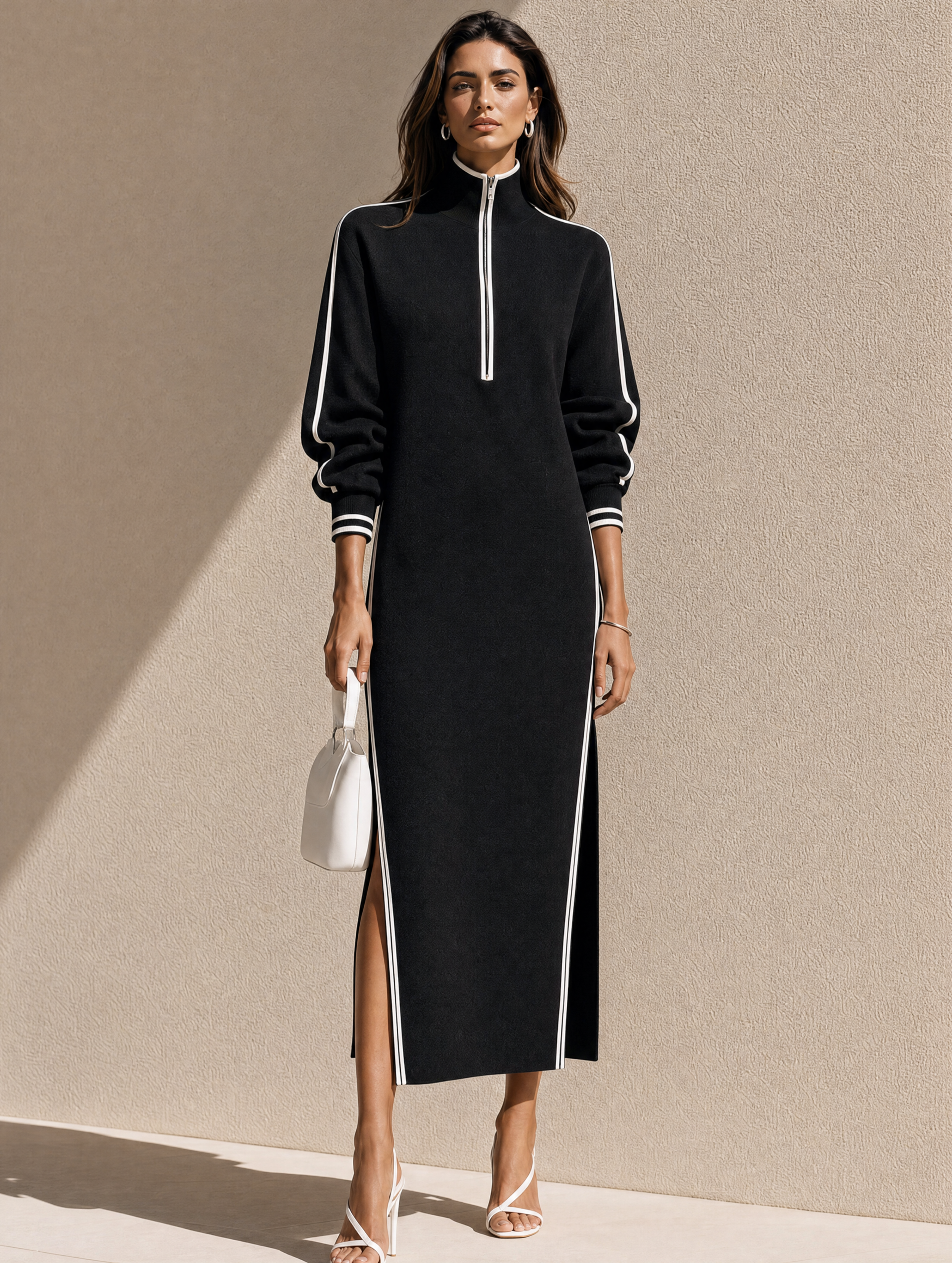 Elegant Black Straight-cut Knit Skirt With White Piping Contrast Detail