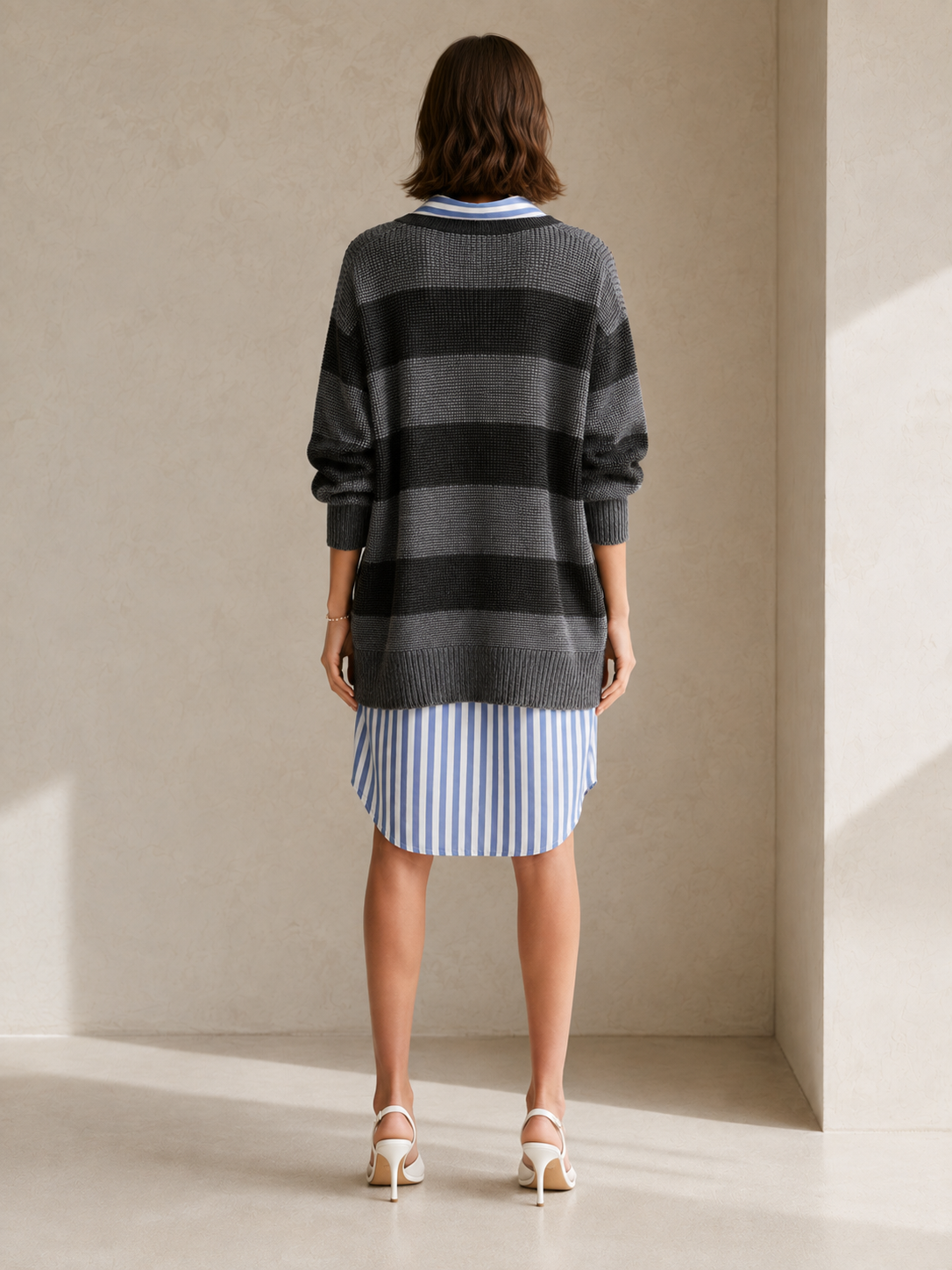 Elegant Black And Grey Striped Faux Two-piece Sweater-and-shirt Dress
