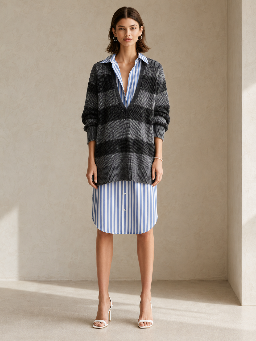 Elegant Black And Grey Striped Faux Two-piece Sweater-and-shirt Dress