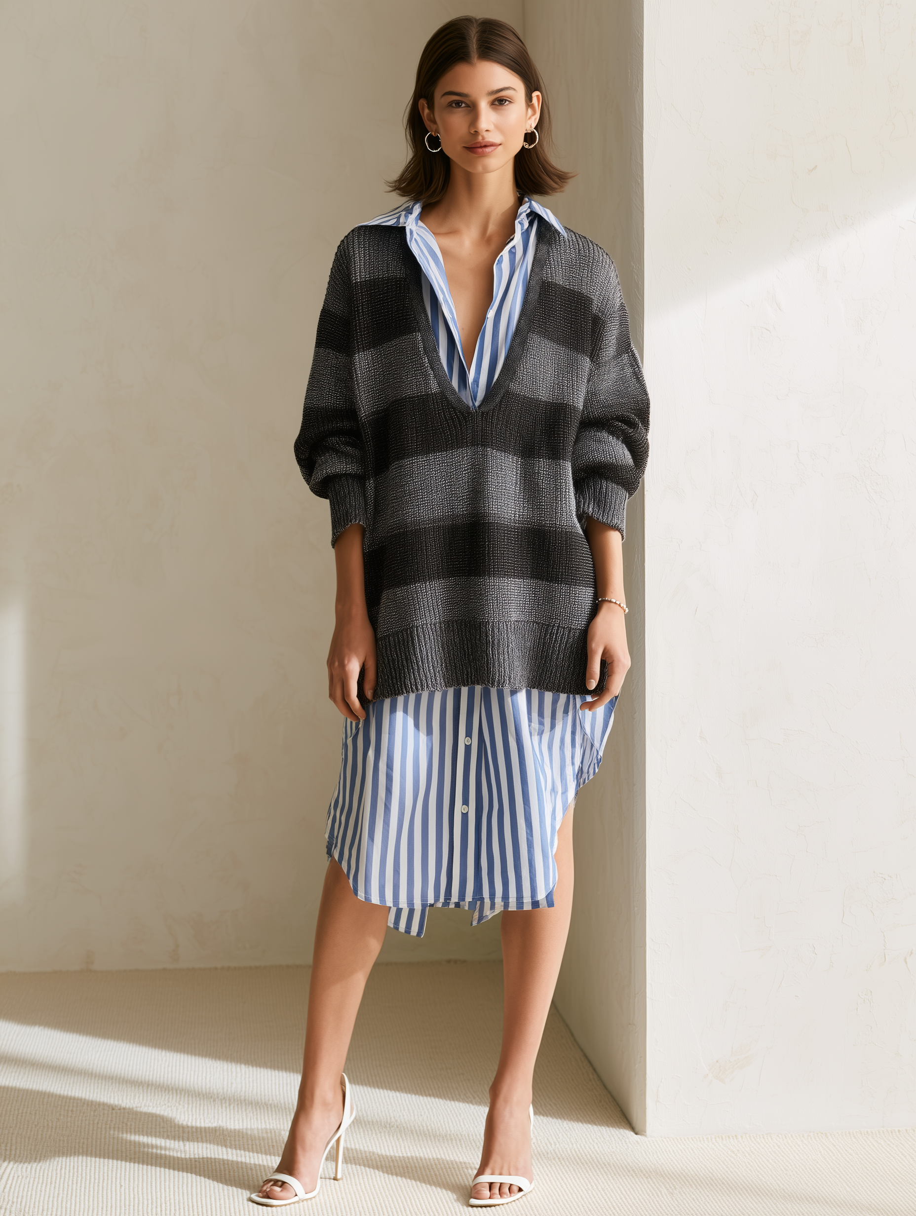Elegant Black And Grey Striped Faux Two-piece Sweater-and-shirt Dress