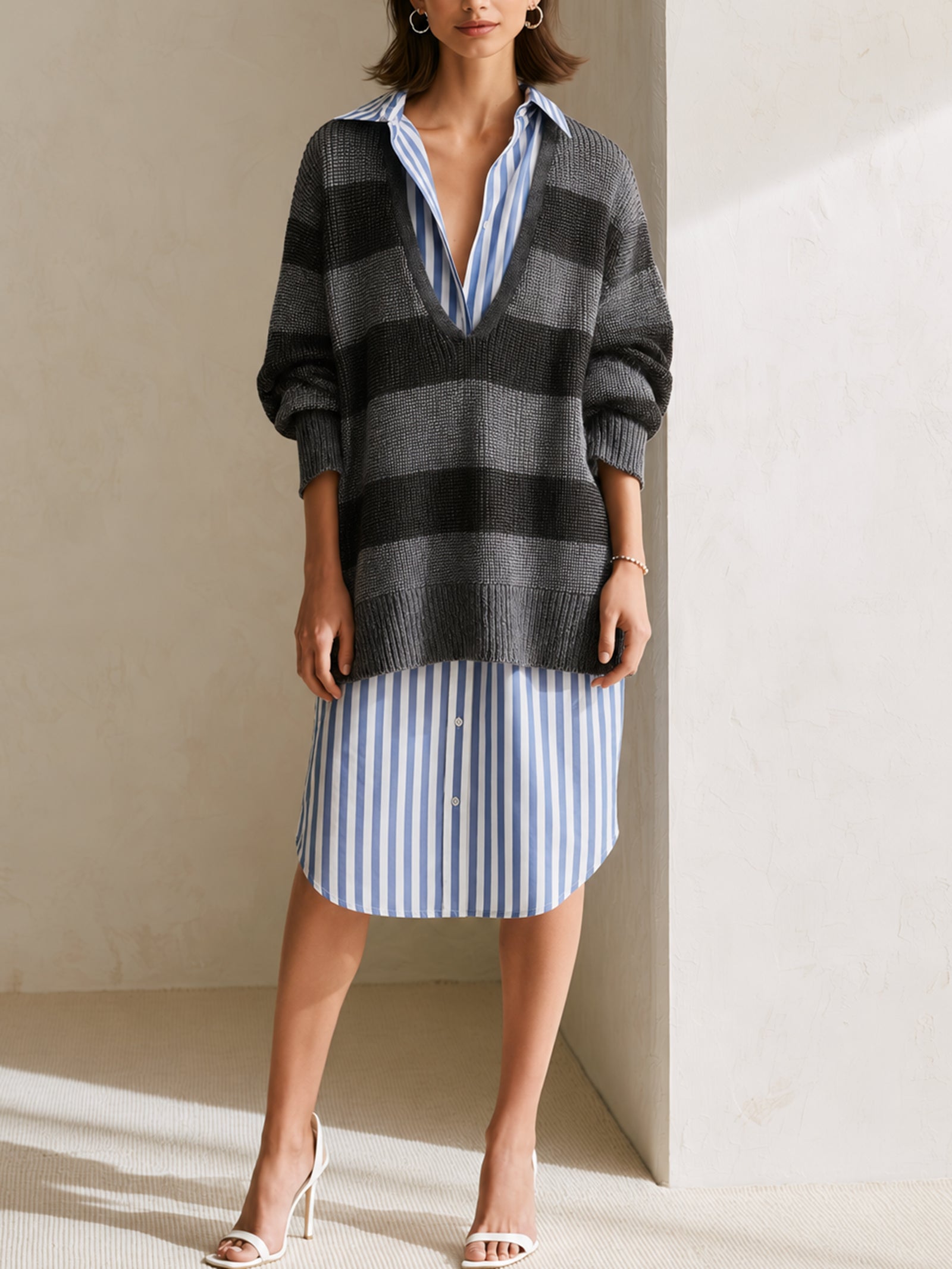Elegant Black And Grey Striped Faux Two-piece Sweater-and-shirt Dress