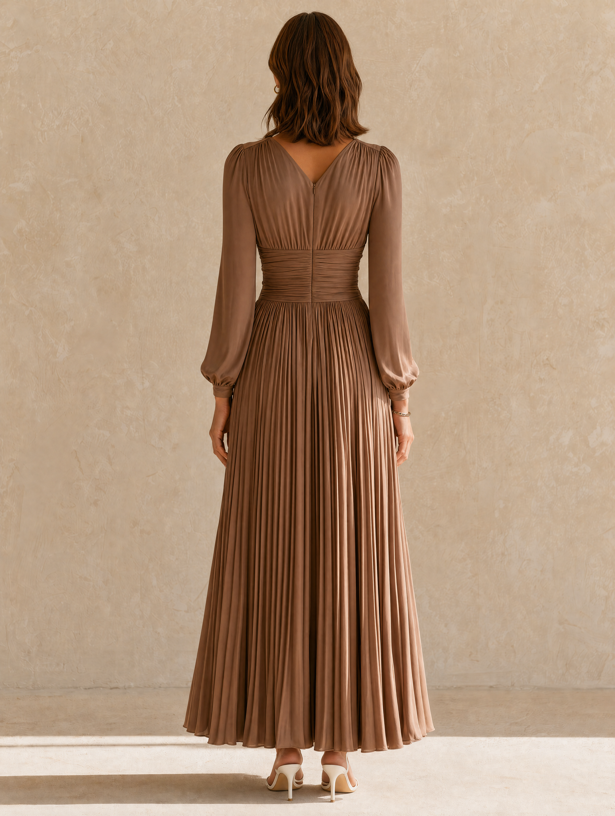 Elegant Brown Pleated Dress With A Fitted Waist