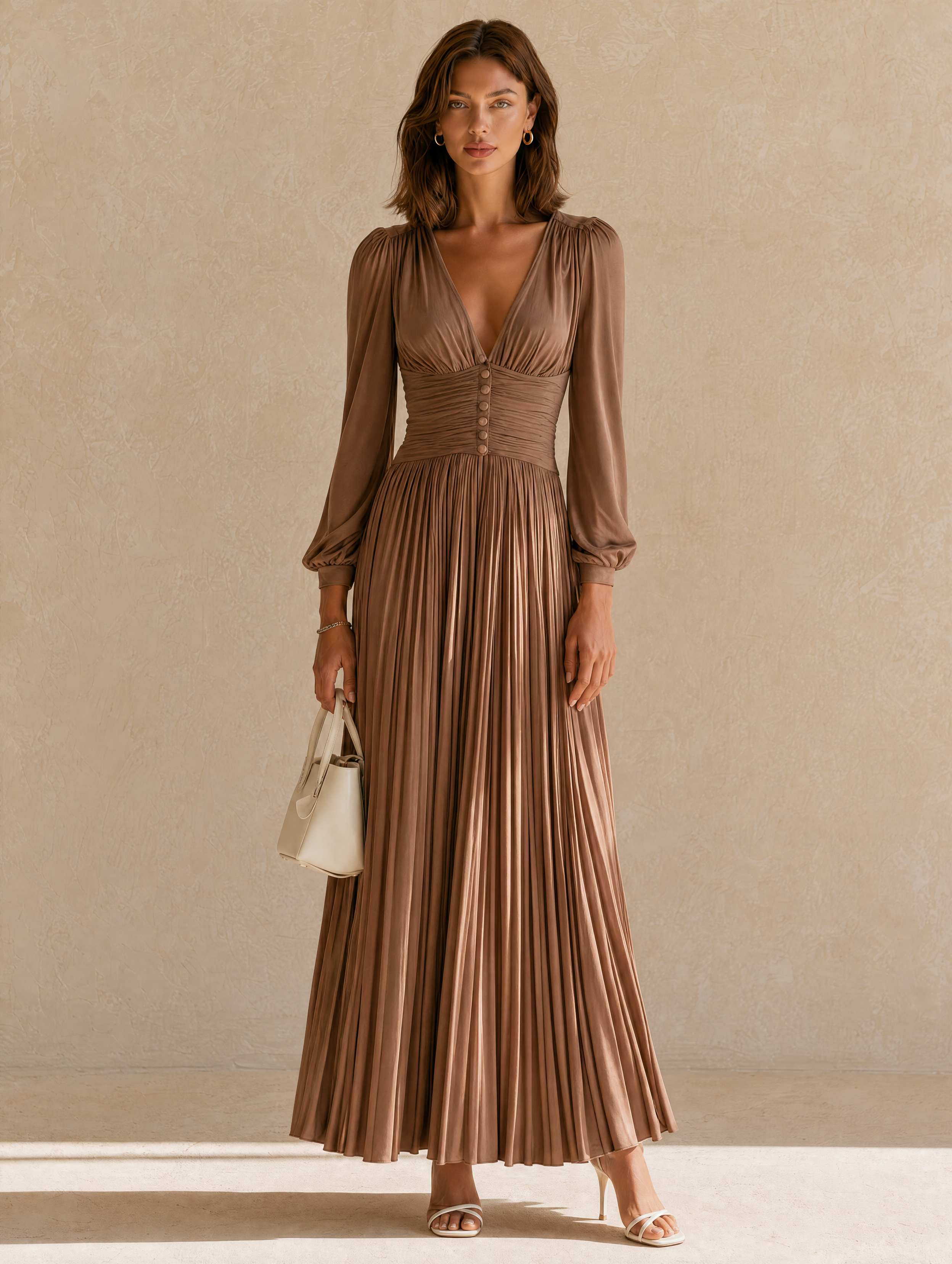 Elegant Brown Pleated Dress With A Fitted Waist