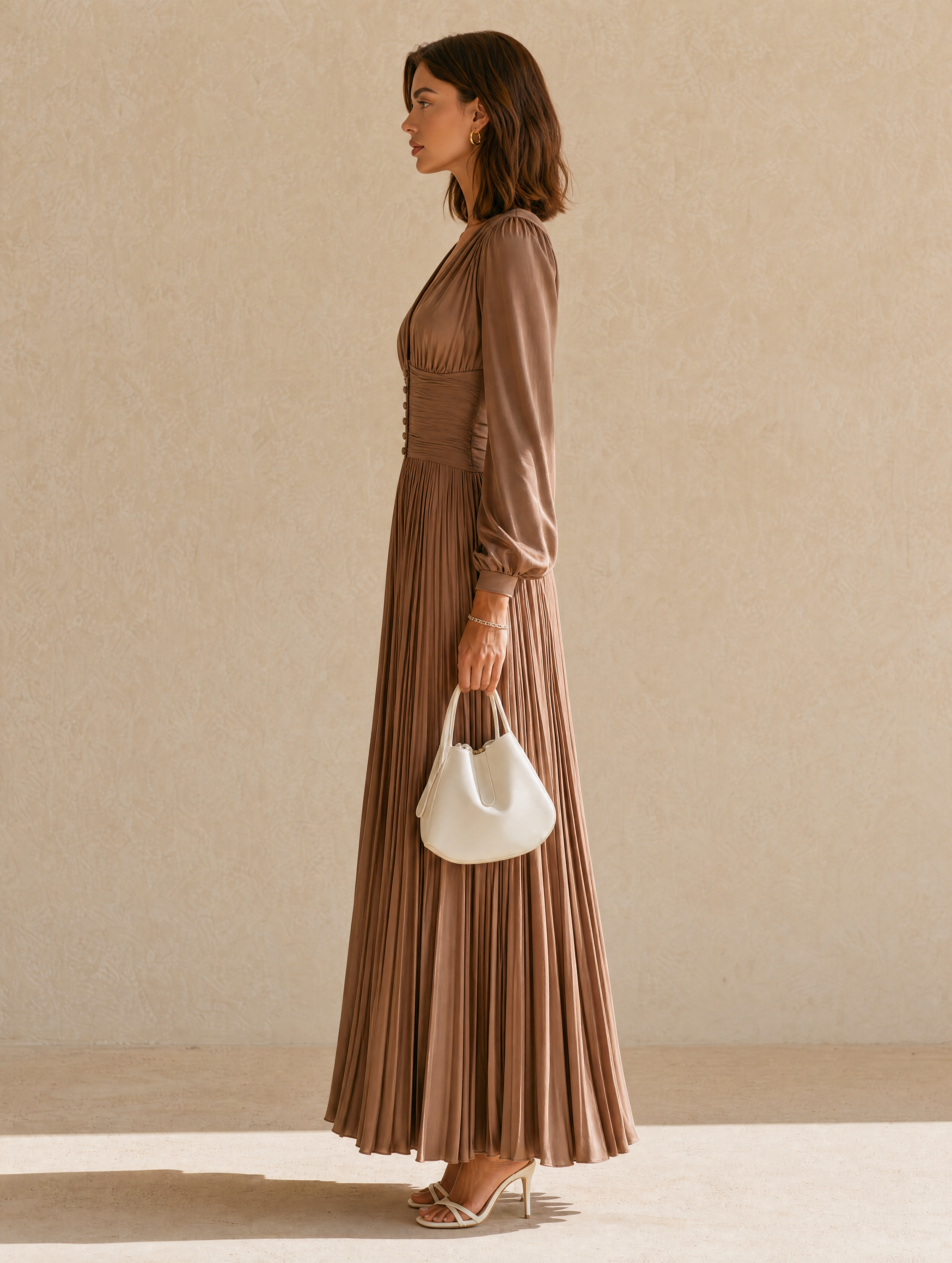 Elegant Brown Pleated Dress With A Fitted Waist