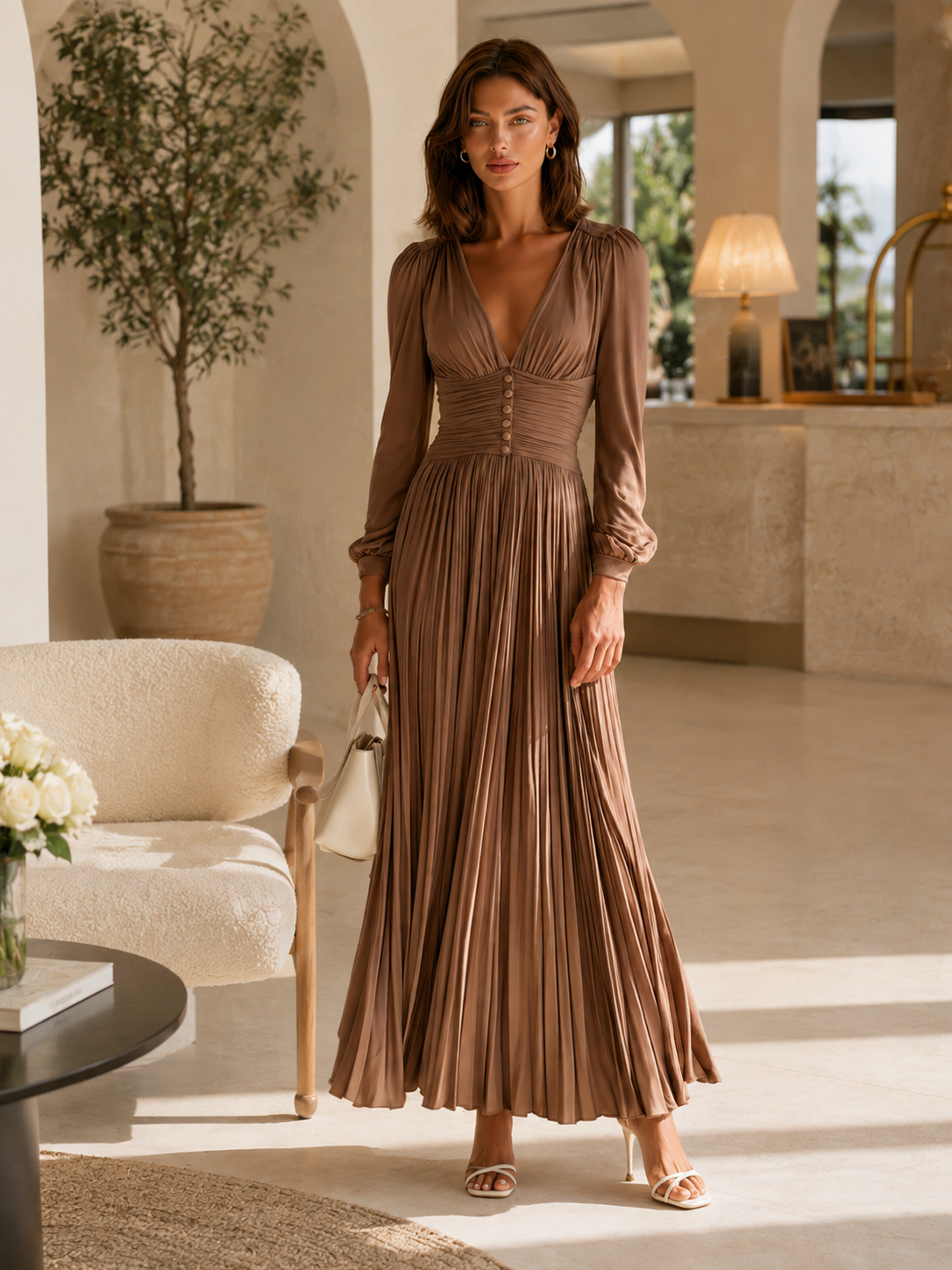 Elegant Brown Pleated Dress With A Fitted Waist
